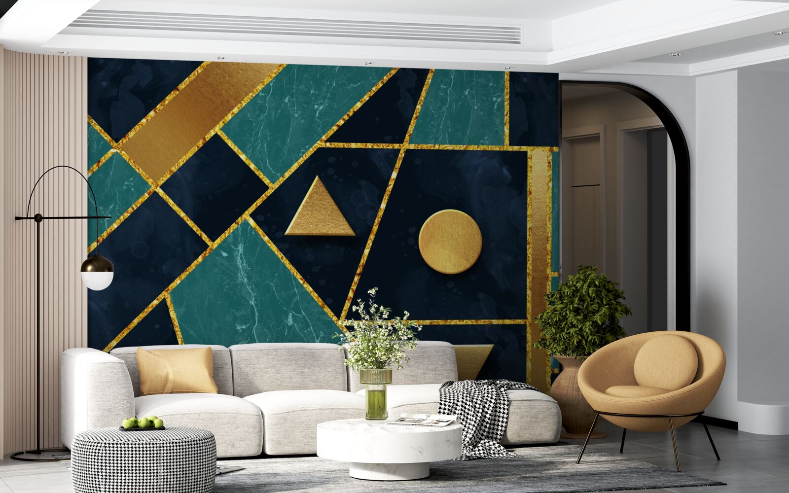 Papier peint mosaïque en tons d'or et d'émeraude