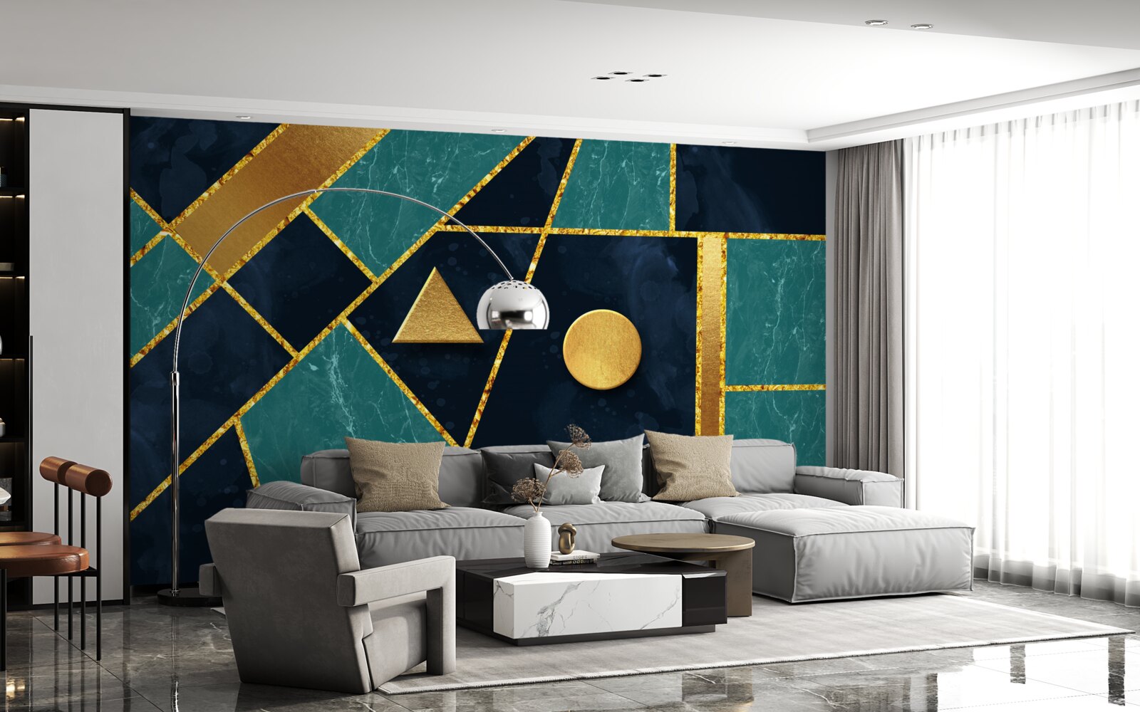 Papier peint mosaïque en tons d'or et d'émeraude