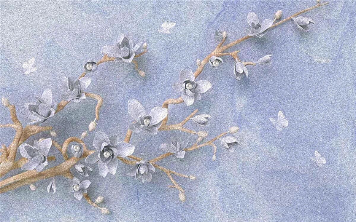 Papier peint branche avec des fleurs blanches