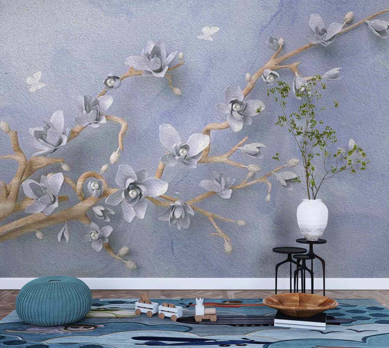 Papier peint branche avec des fleurs blanches