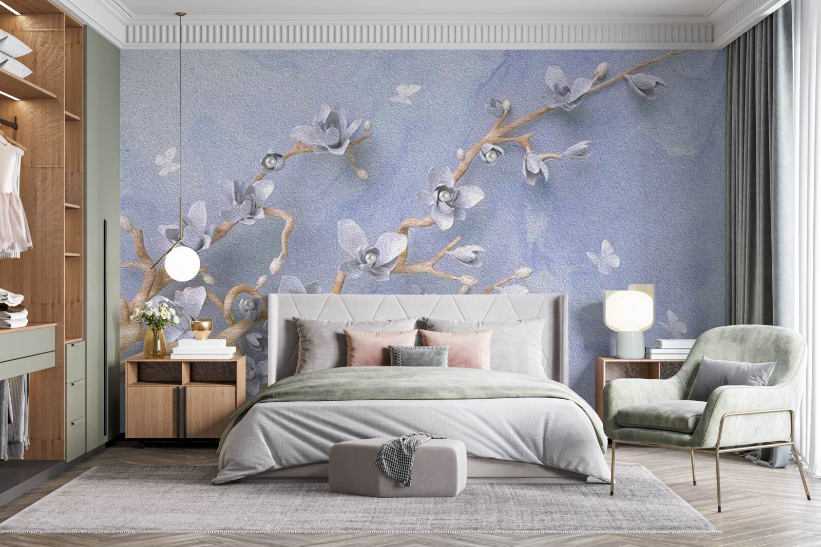 Papier peint branche avec des fleurs blanches