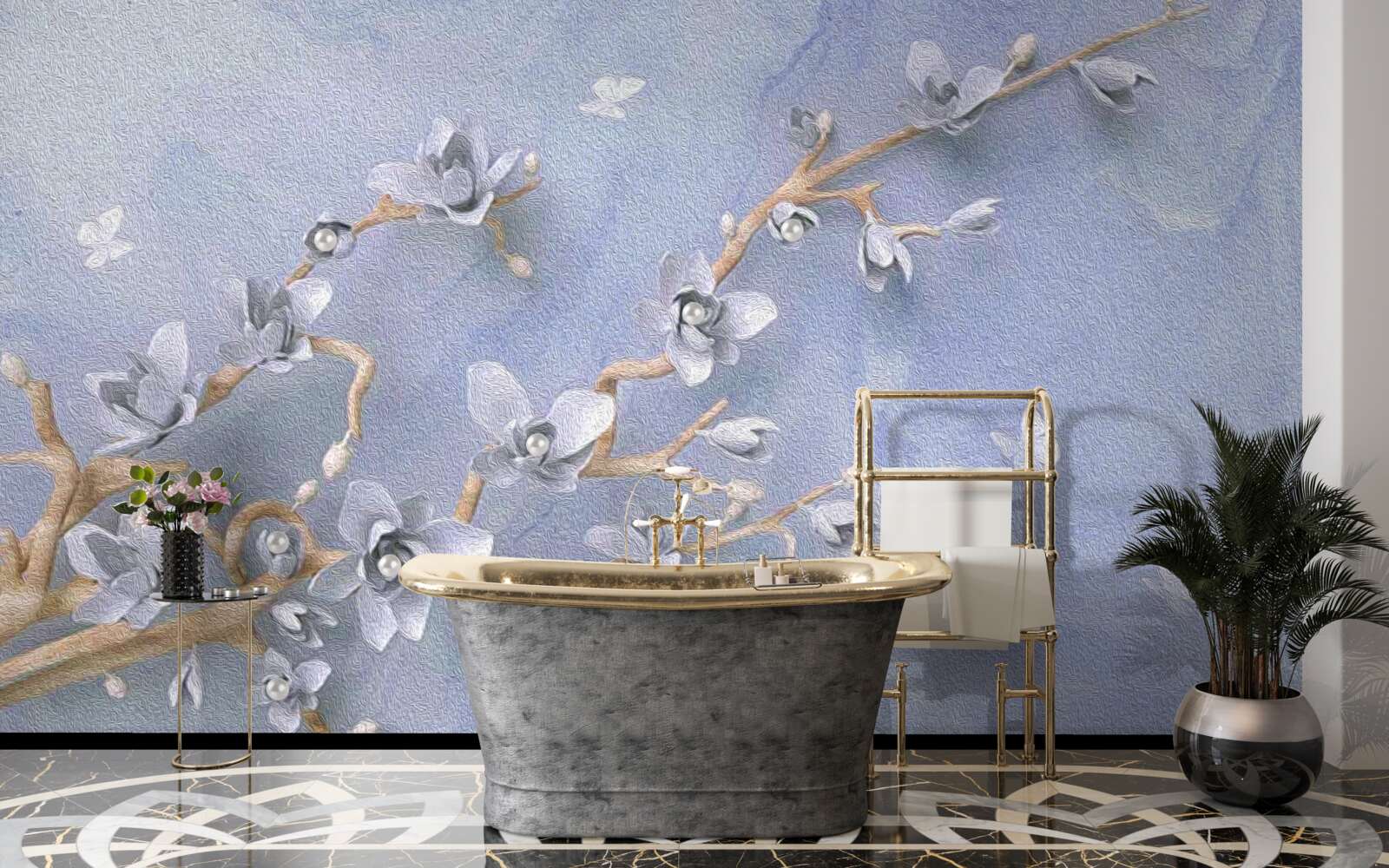 Papier peint branche avec des fleurs blanches