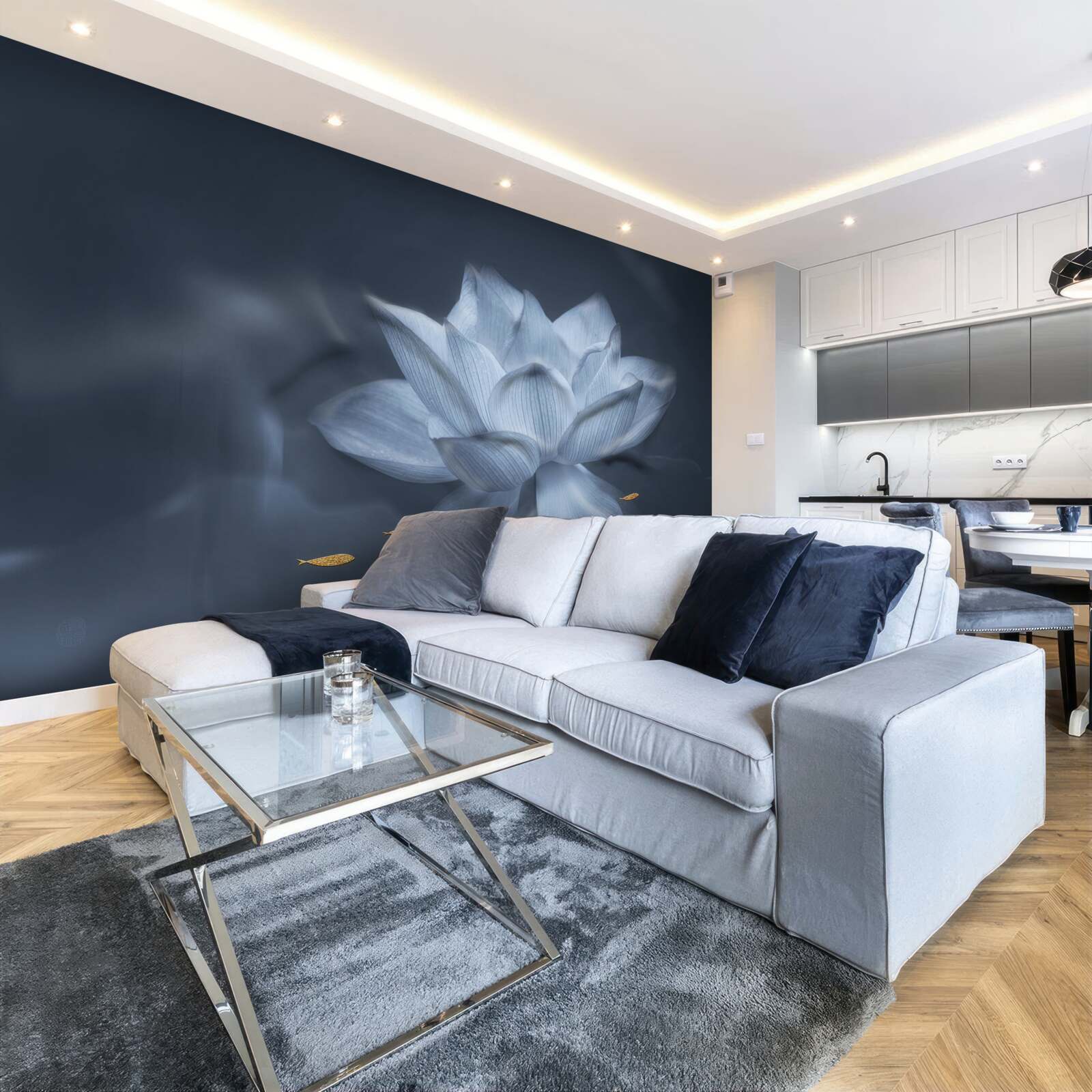 Papier peint poisson rouge et lotus blanc