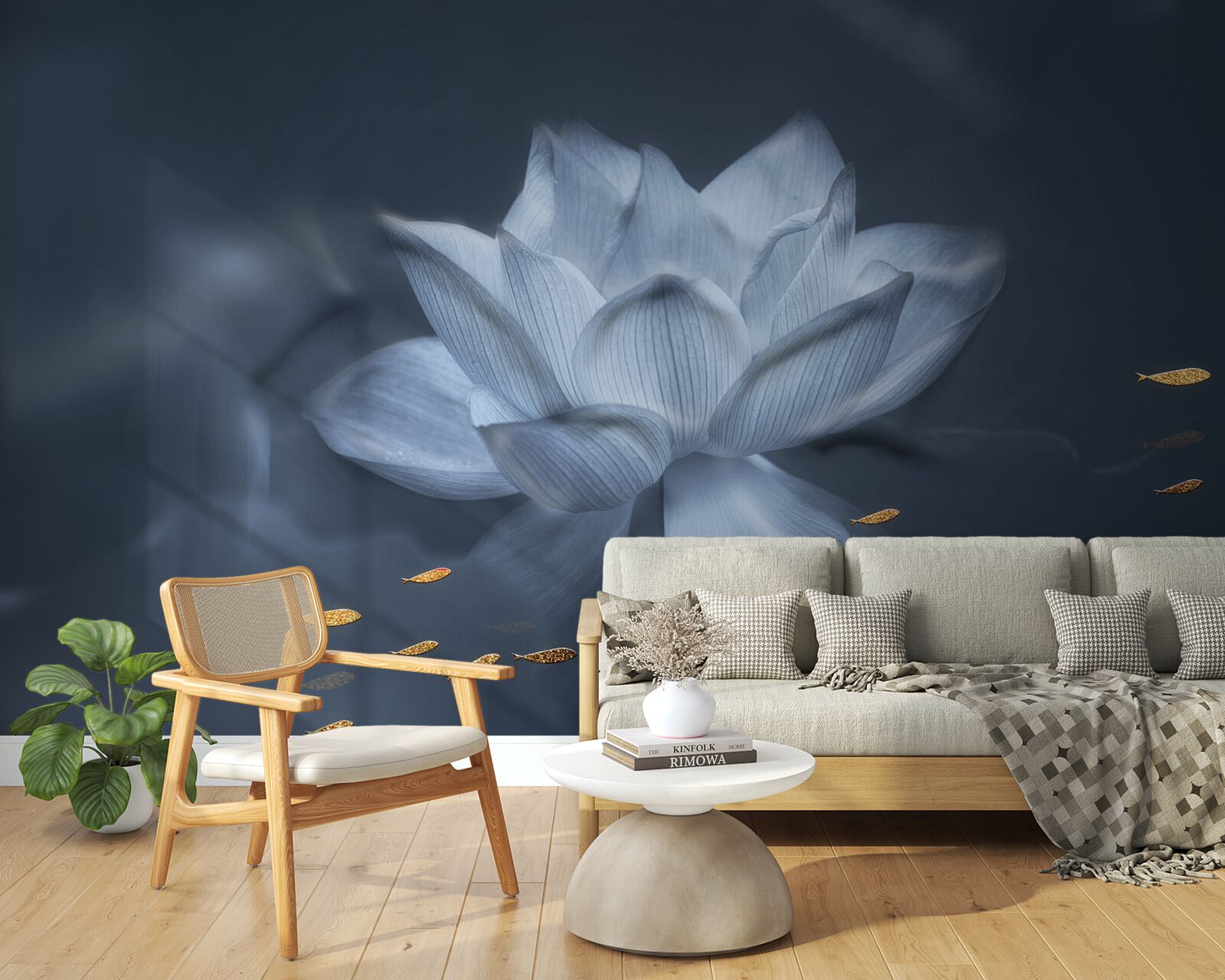 Papier peint poisson rouge et lotus blanc