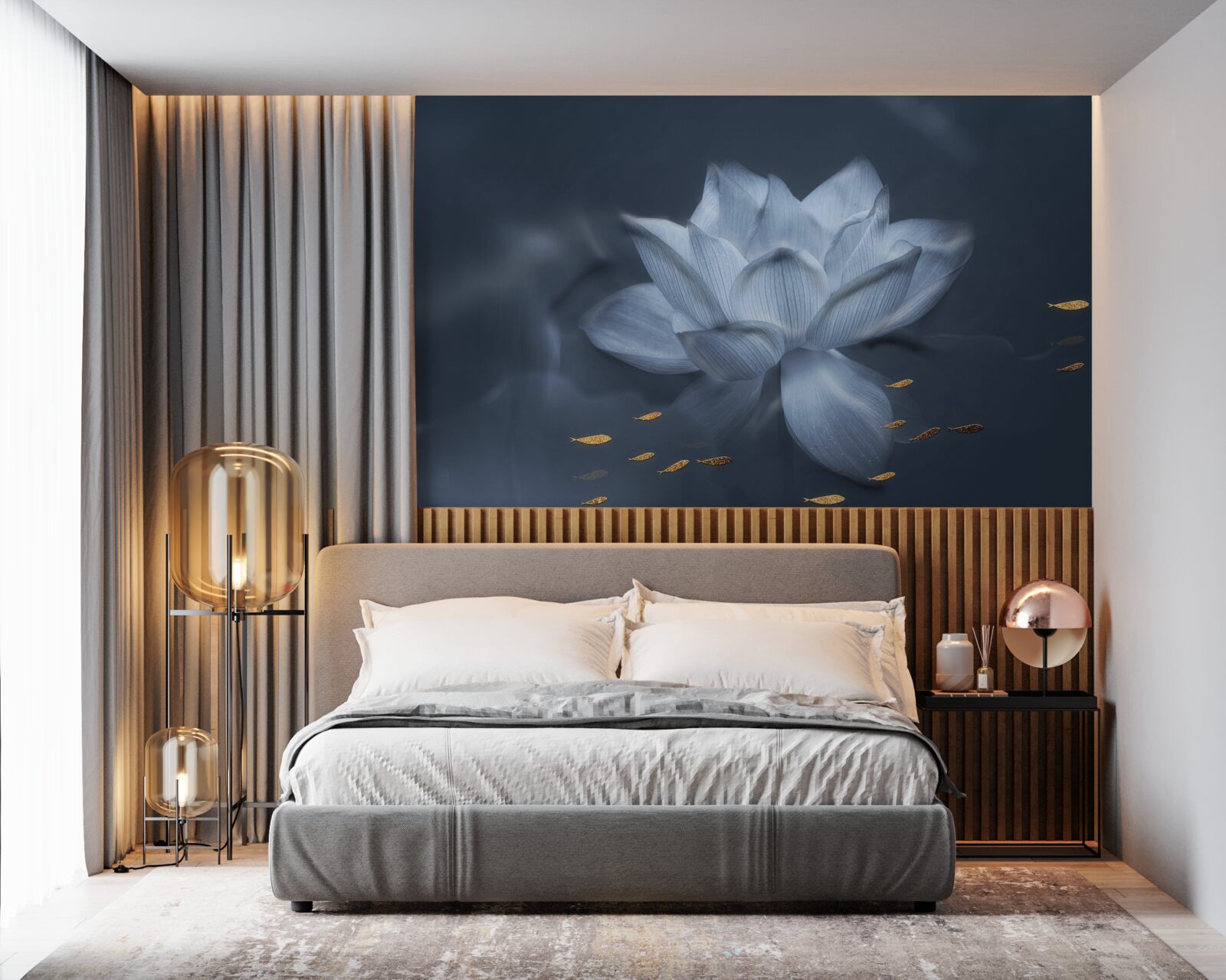 Papier peint poisson rouge et lotus blanc