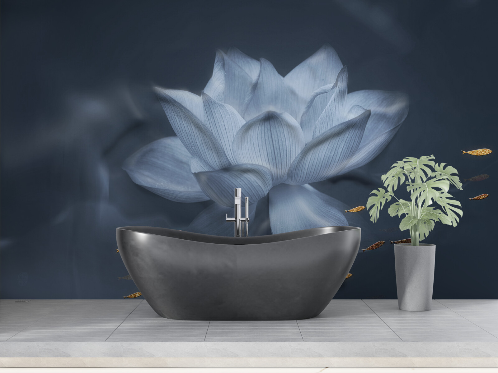 Papier peint poisson rouge et lotus blanc