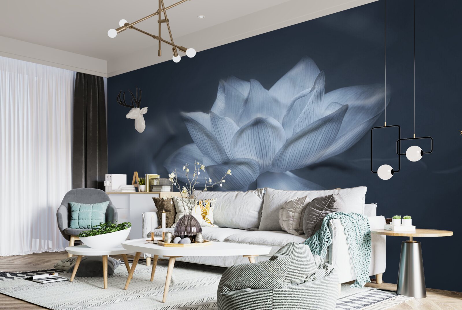 Papier peint poisson rouge et lotus blanc