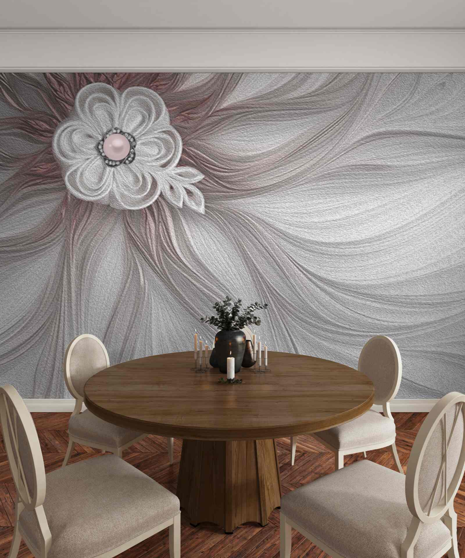 Papier peint Le centre de la fleur blanche est orné de perles.