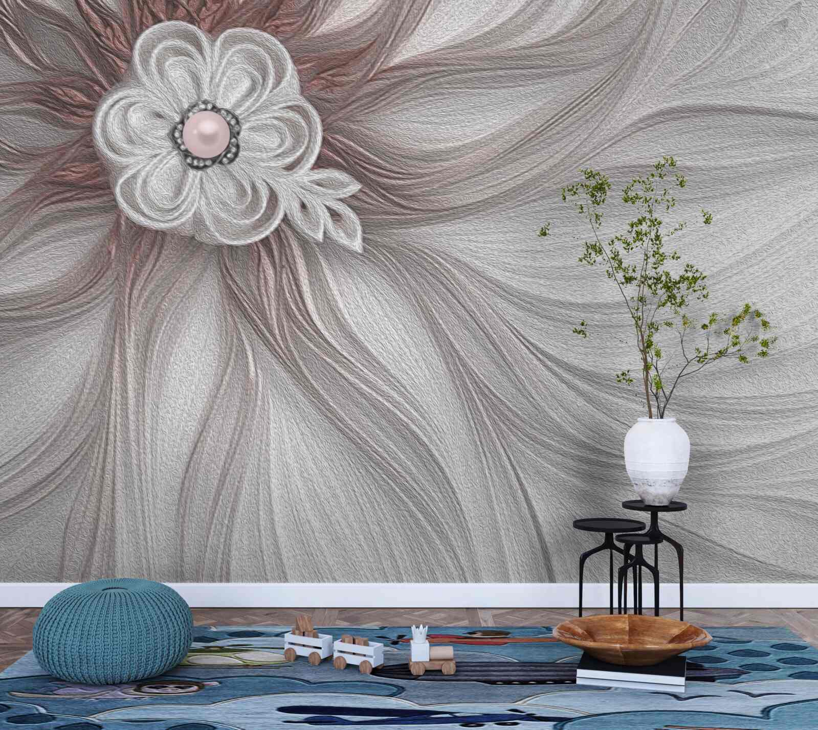 Papier peint Le centre de la fleur blanche est orné de perles.