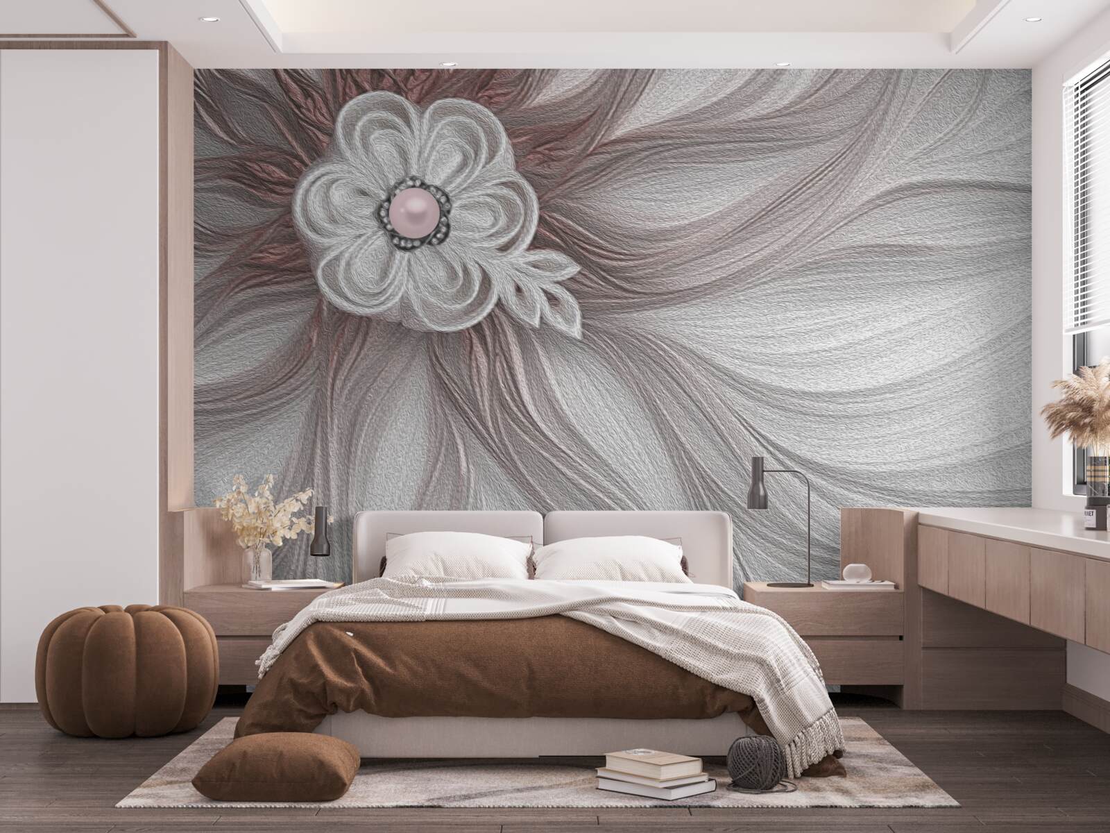 Papier peint Le centre de la fleur blanche est orné de perles.