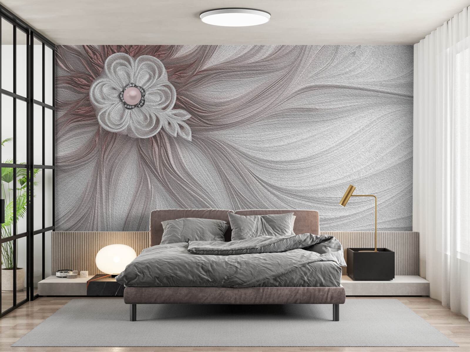 Papier peint Le centre de la fleur blanche est orné de perles.