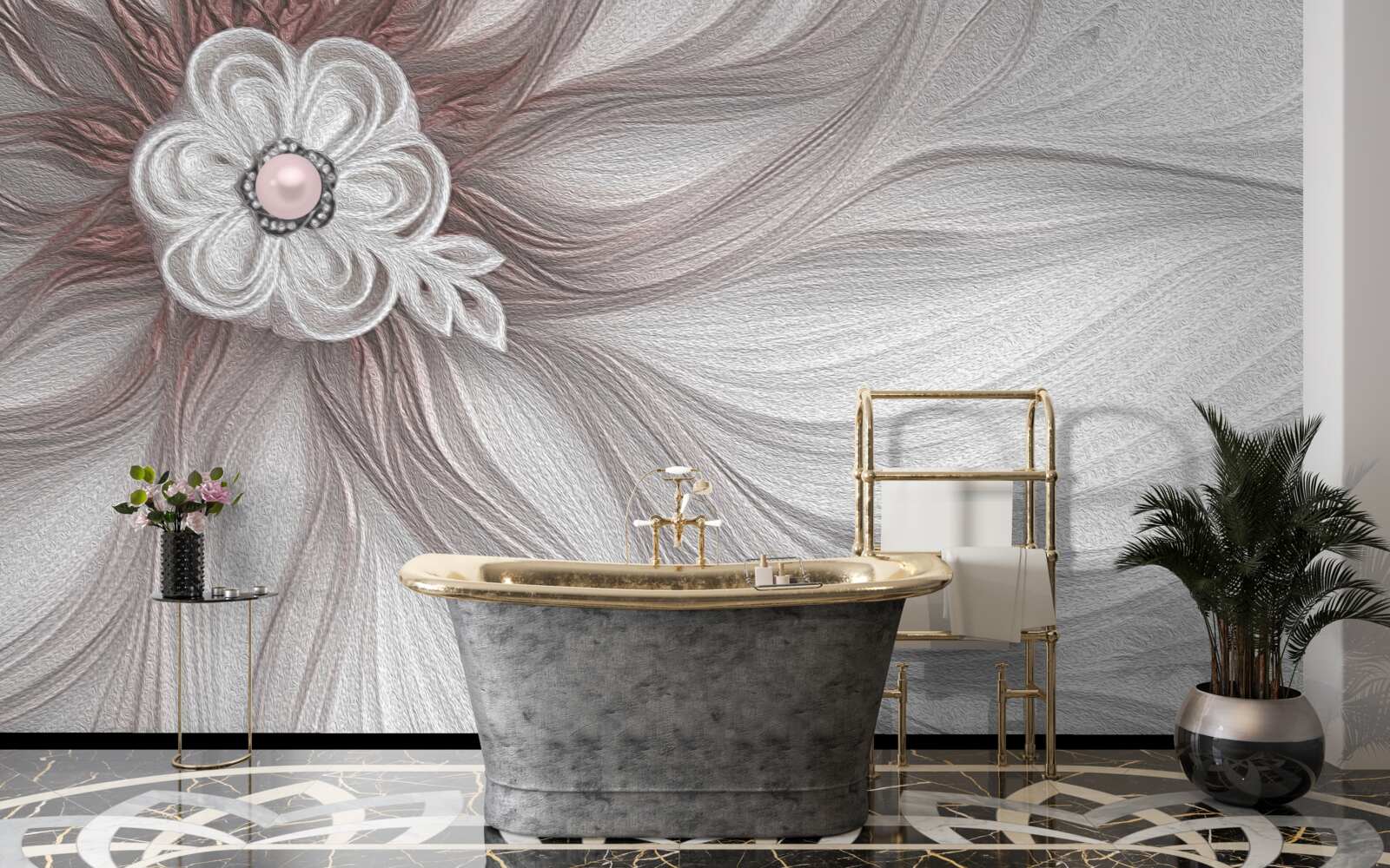 Papier peint Le centre de la fleur blanche est orné de perles.