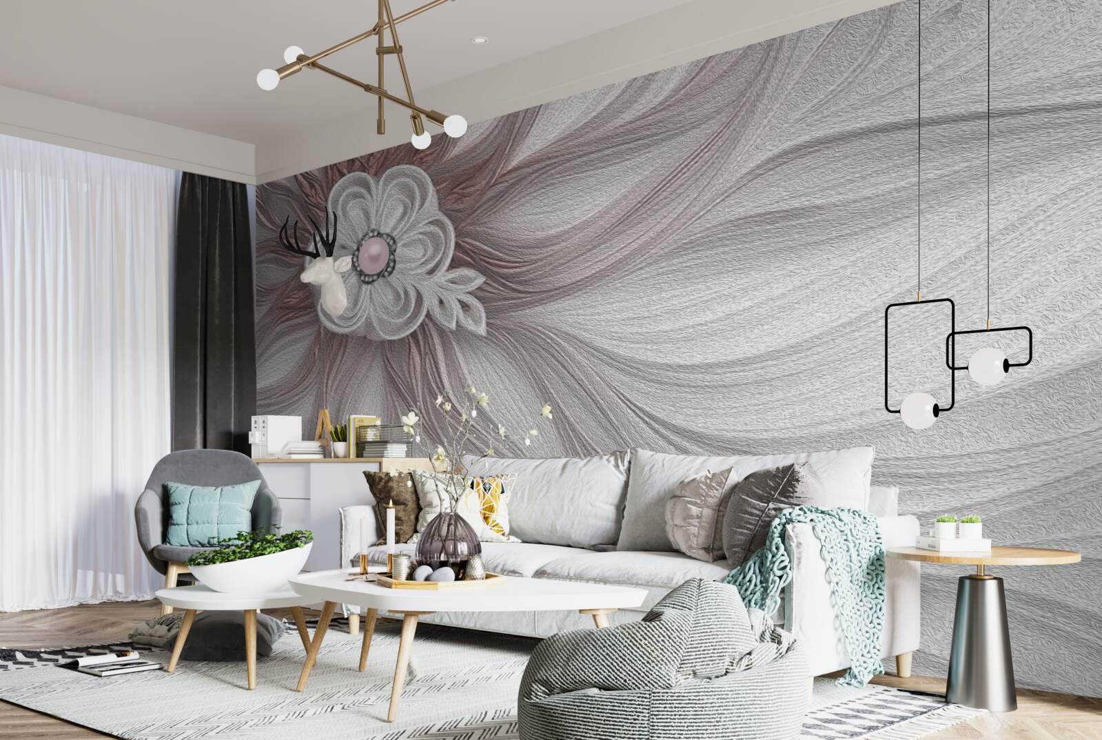 Papier peint Le centre de la fleur blanche est orné de perles.