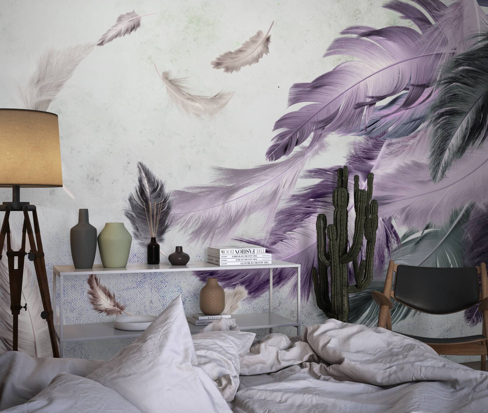 Papier peint plumes volantes violettes