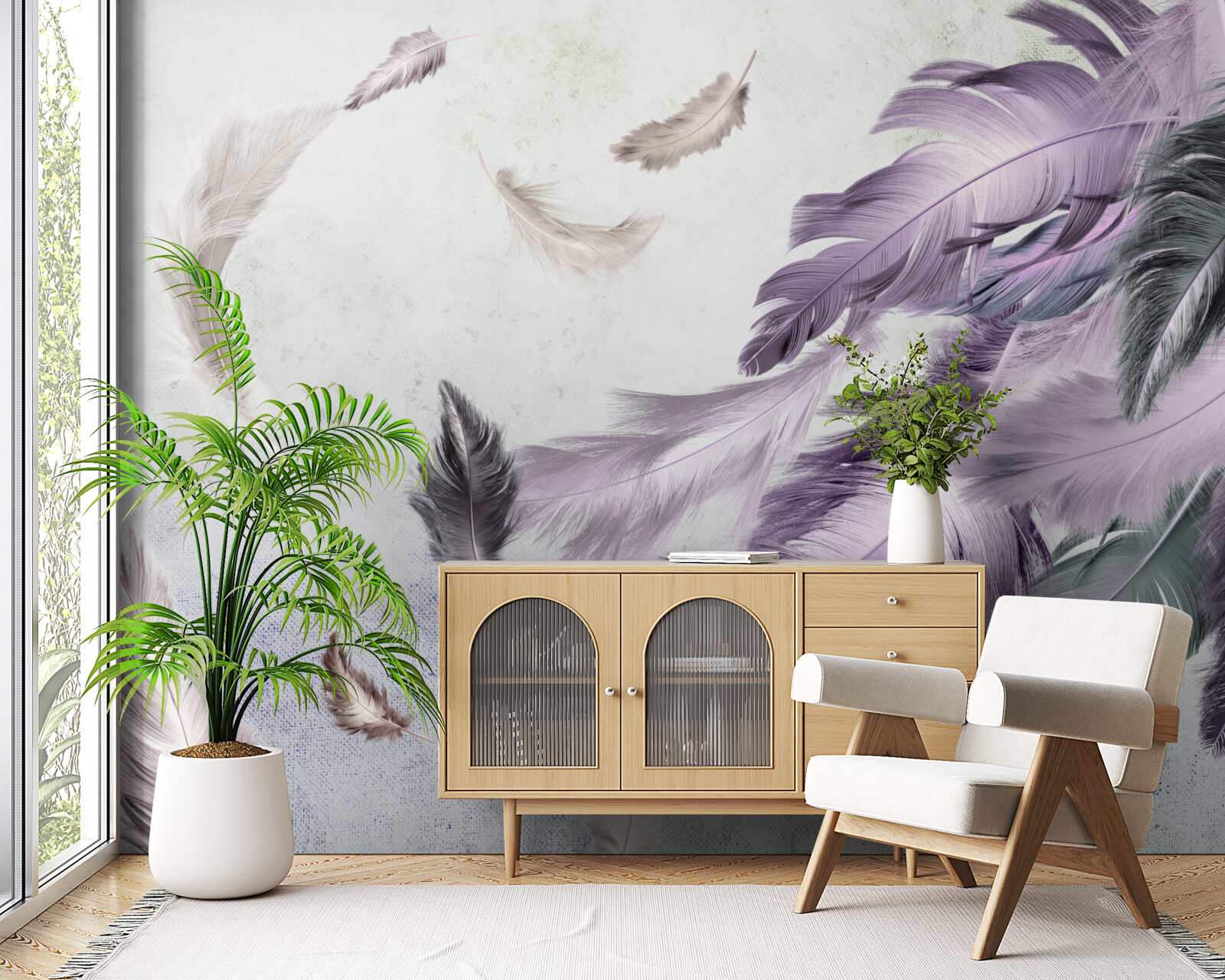 Papier peint plumes volantes violettes