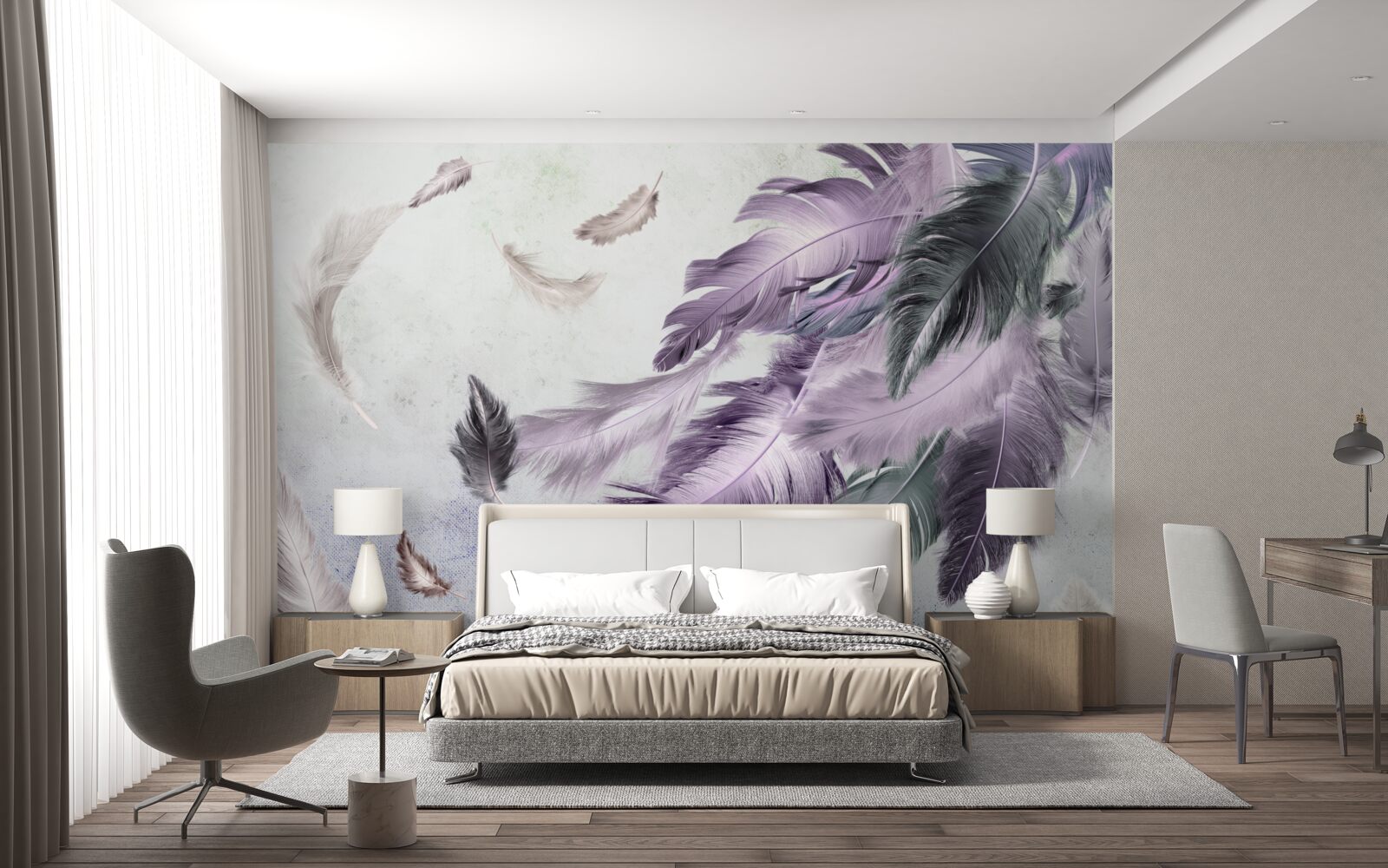 Papier peint plumes volantes violettes