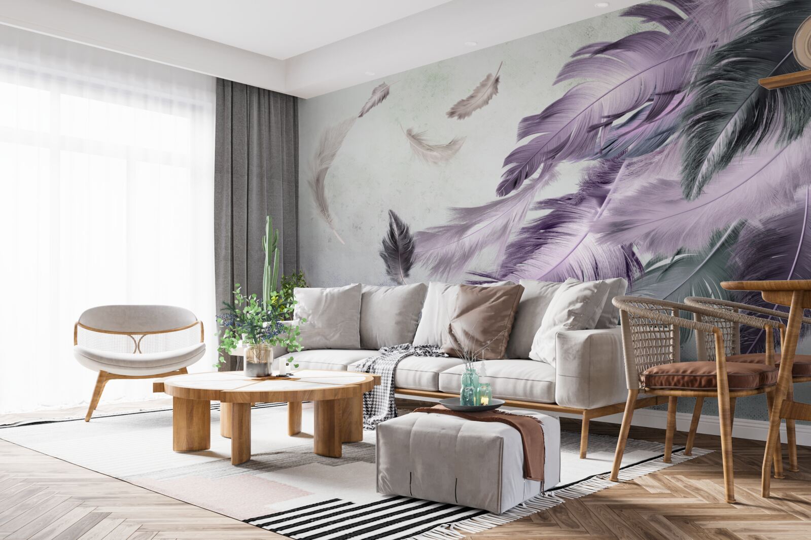 Papier peint plumes volantes violettes