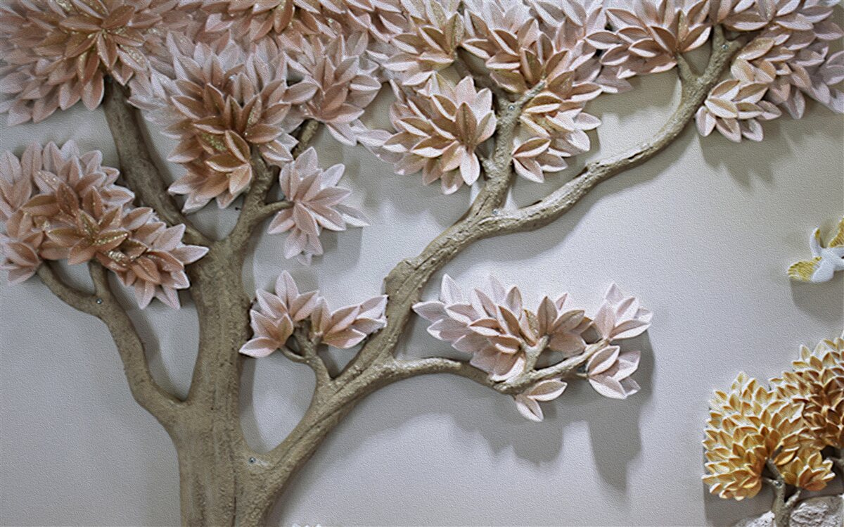 Papier peint arbre majestueux avec feuilles et oiseaux