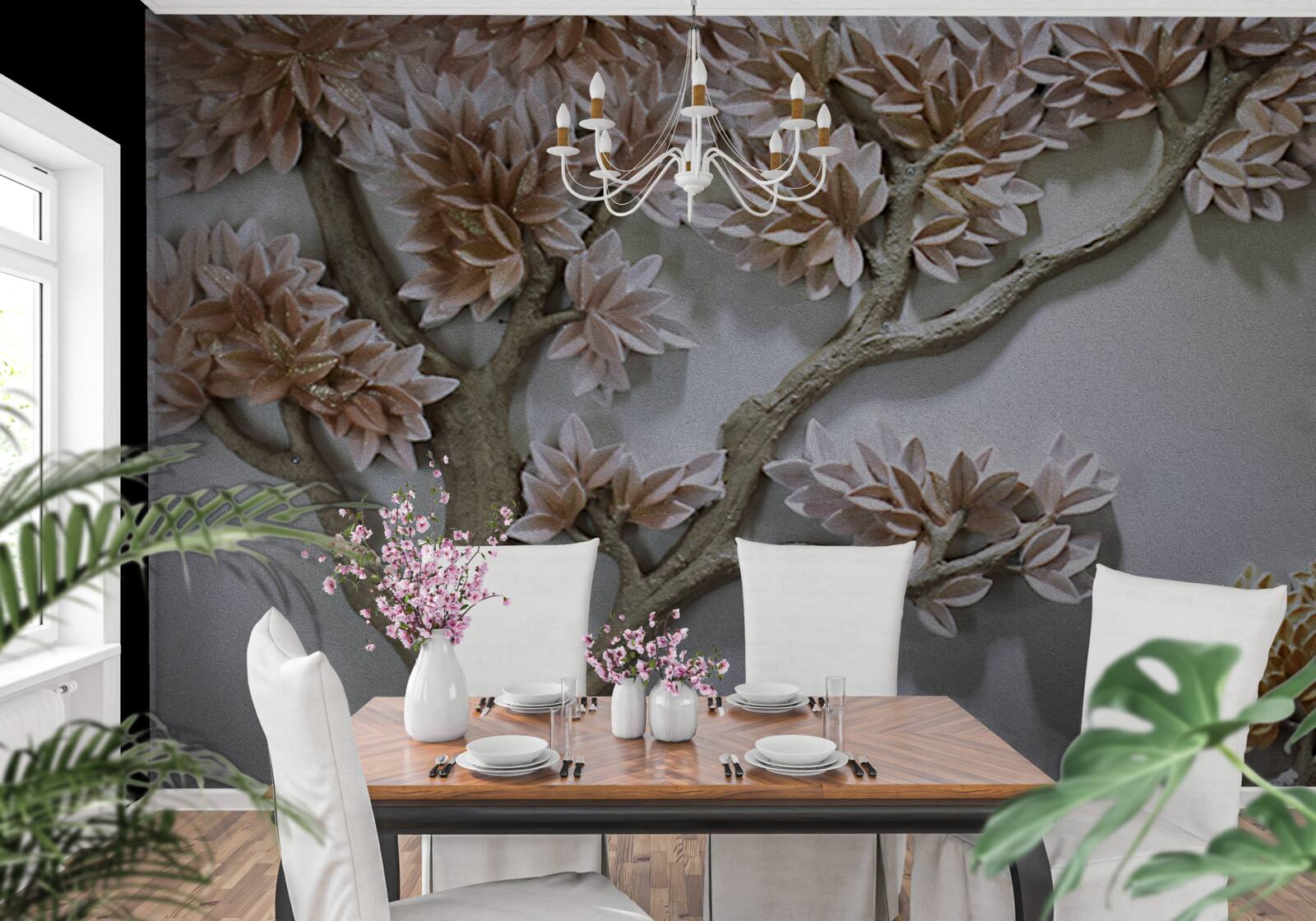 Papier peint arbre majestueux avec feuilles et oiseaux