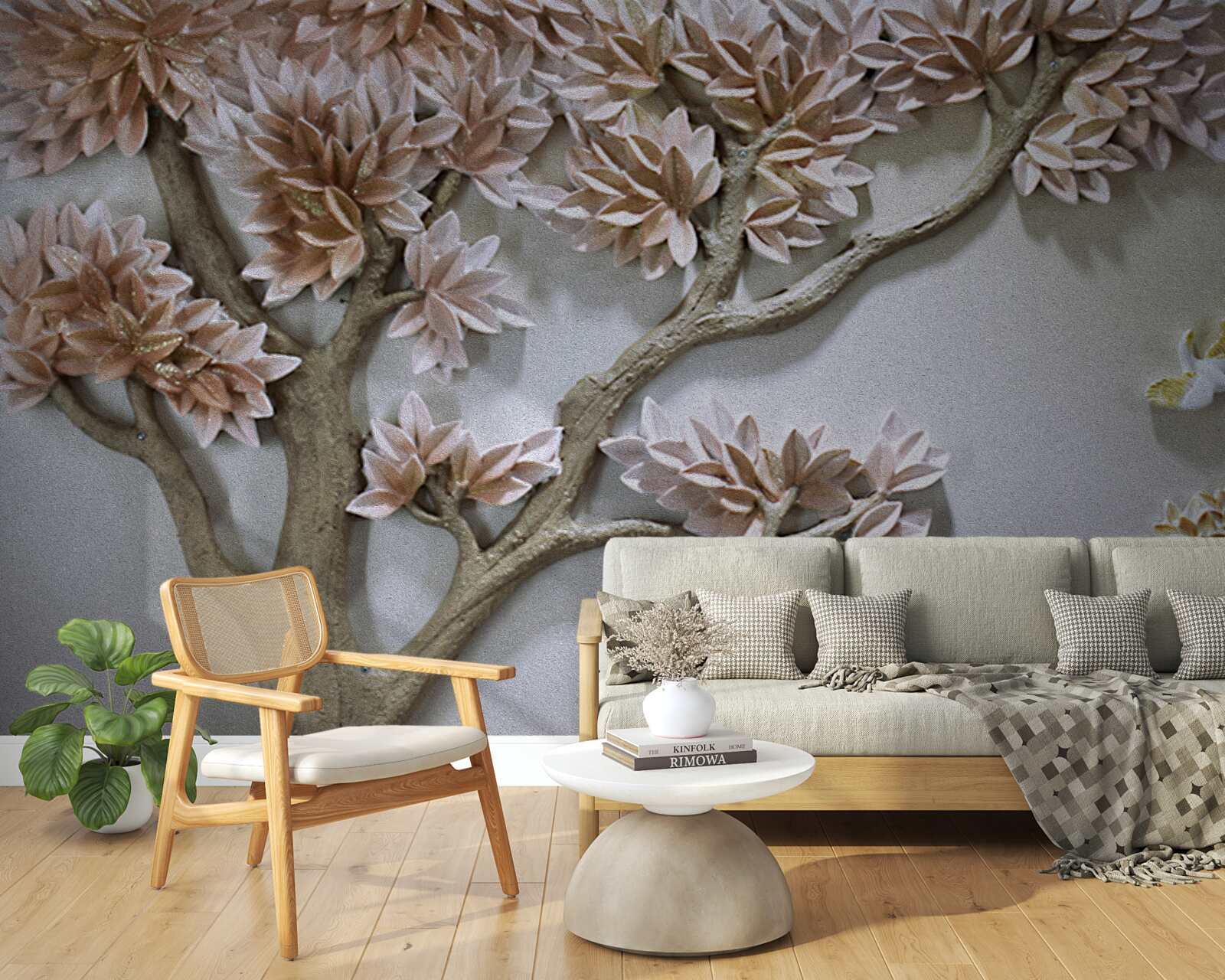 Papier peint arbre majestueux avec feuilles et oiseaux