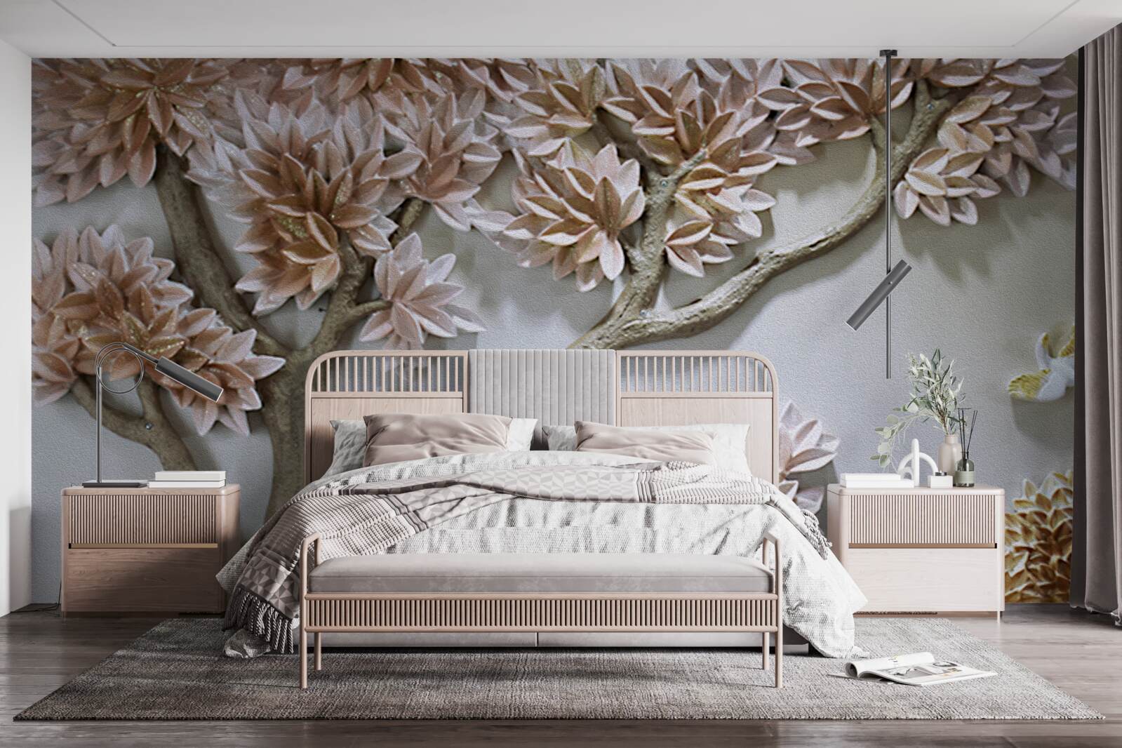 Papier peint arbre majestueux avec feuilles et oiseaux