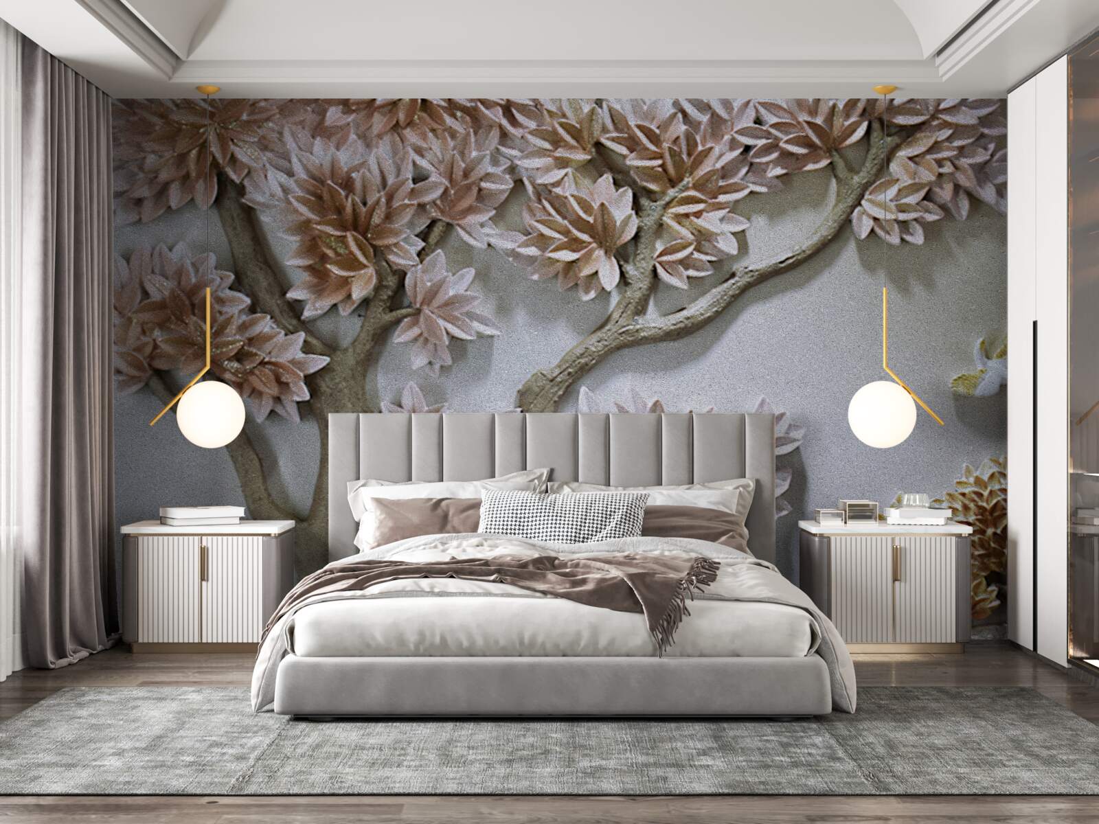 Papier peint arbre majestueux avec feuilles et oiseaux