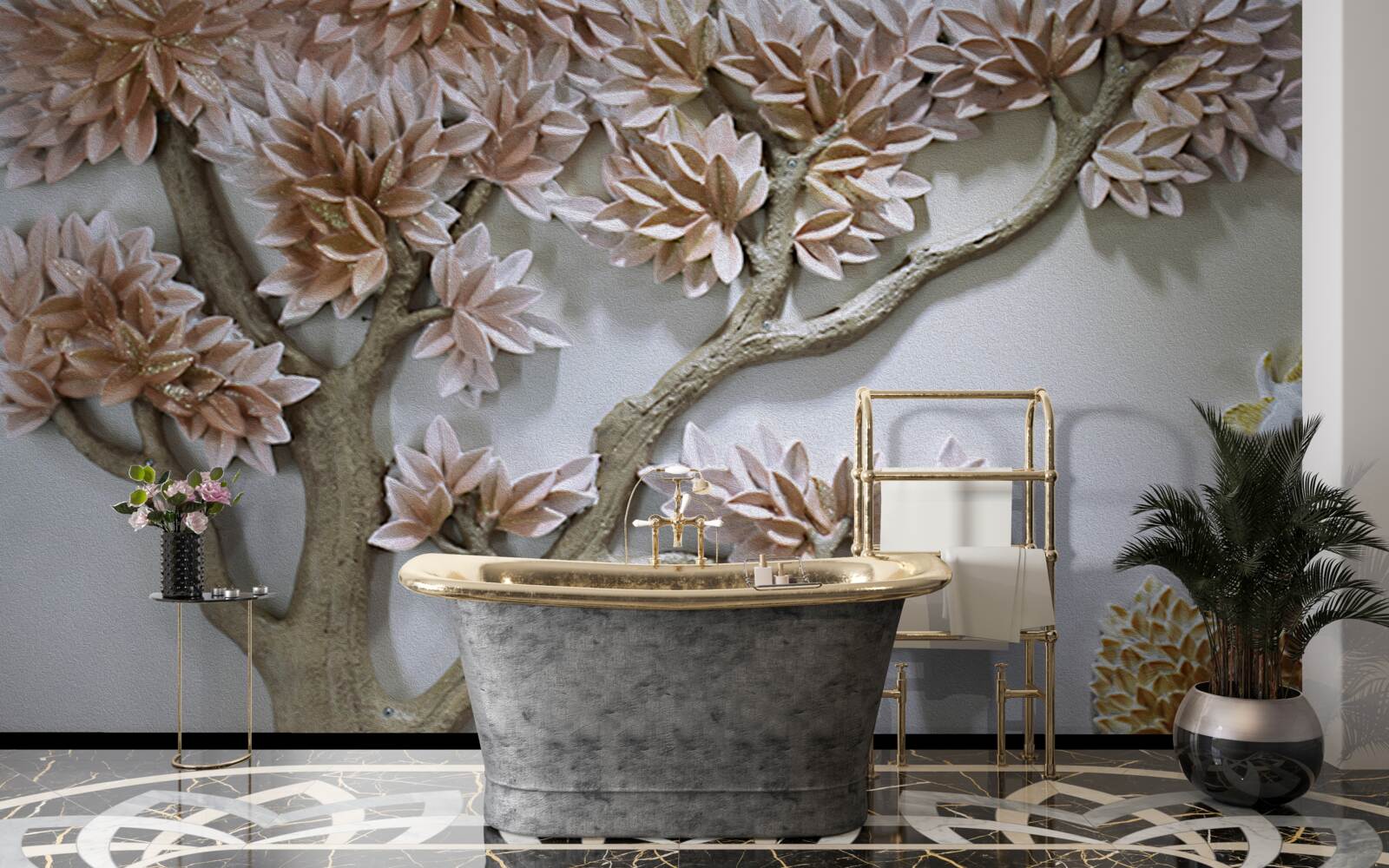 Papier peint arbre majestueux avec feuilles et oiseaux