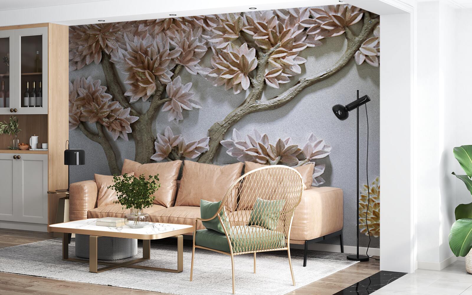 Papier peint arbre majestueux avec feuilles et oiseaux