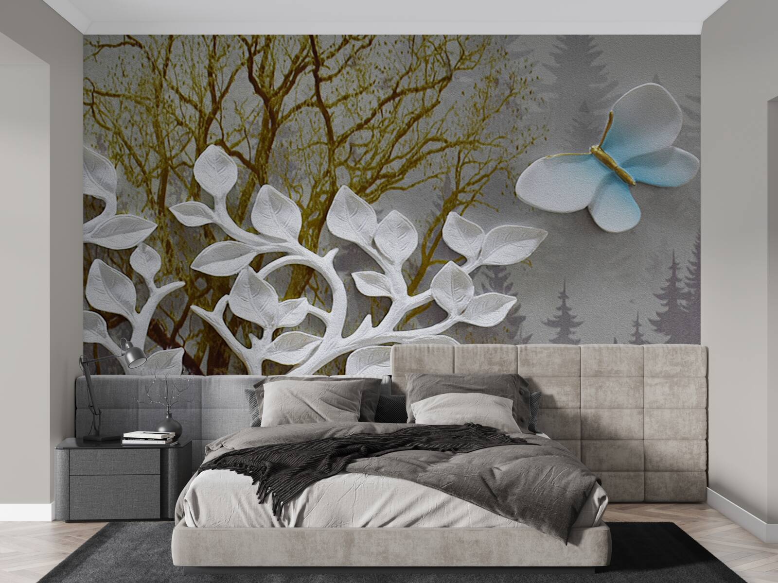 Papier peint un papillon se pose sur une branche blanche dans la forêt