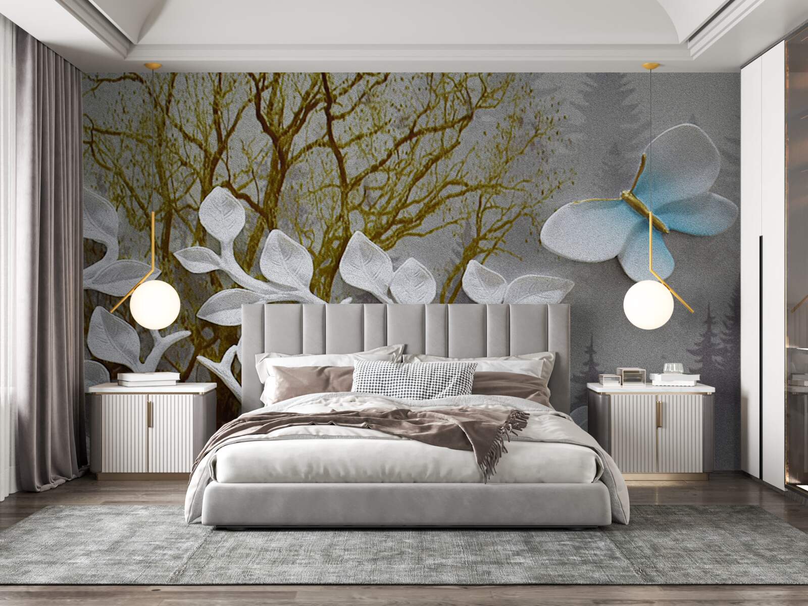 Papier peint un papillon se pose sur une branche blanche dans la forêt