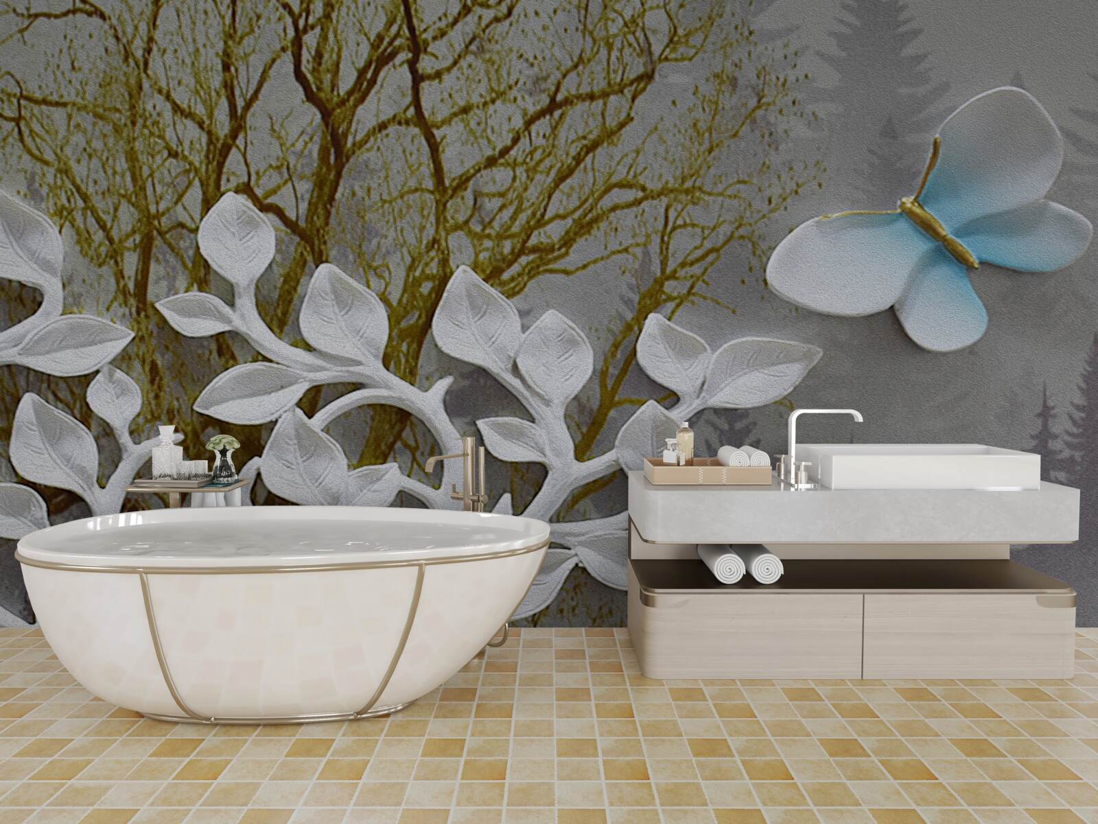 Papier peint un papillon se pose sur une branche blanche dans la forêt