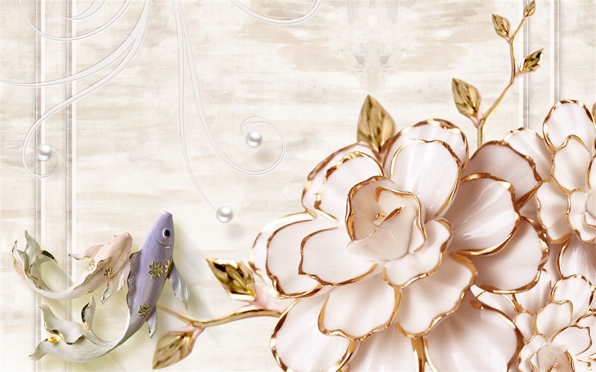 Papier peint papillons et fleurs en porcelaine