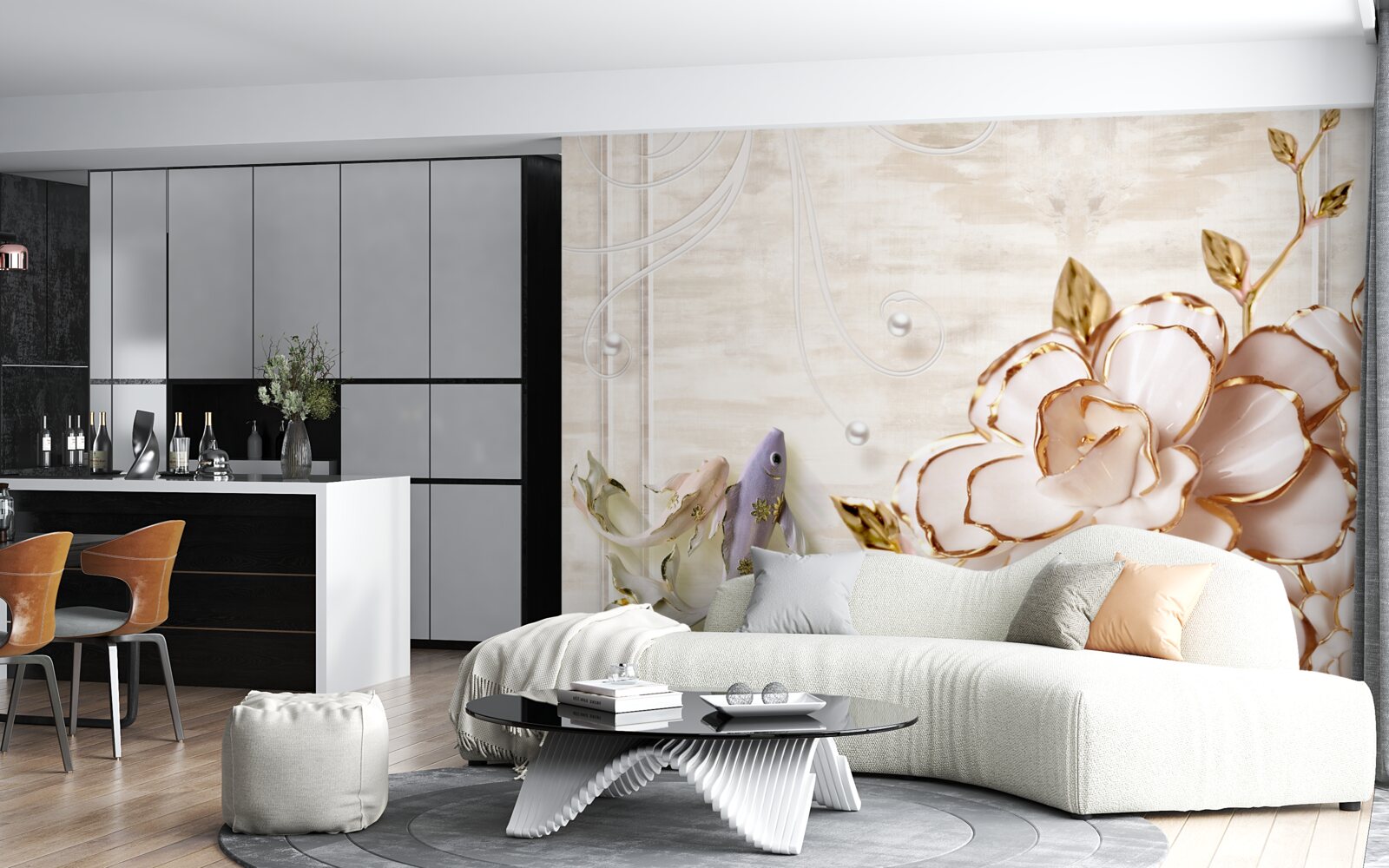 Papier peint papillons et fleurs en porcelaine