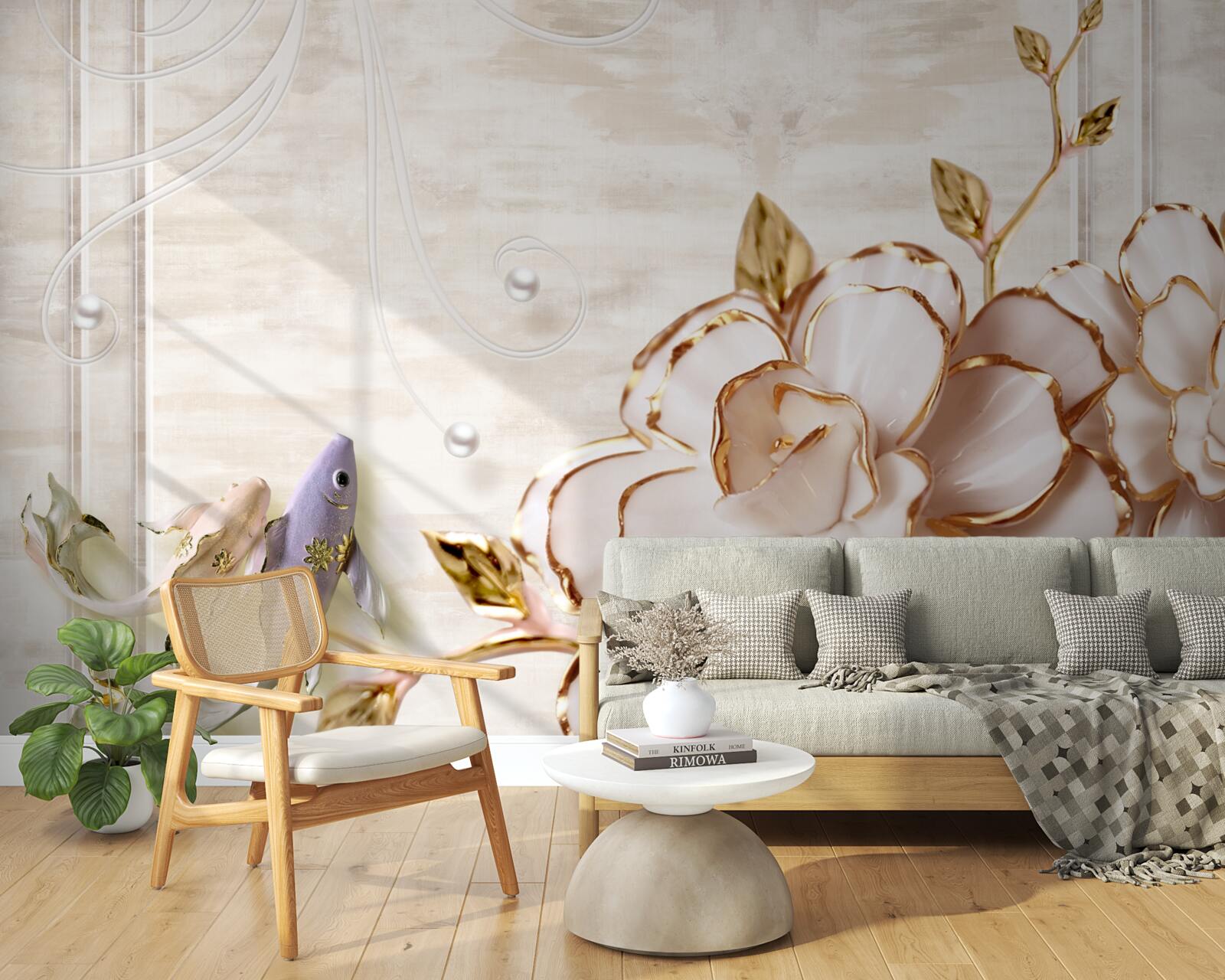 Papier peint papillons et fleurs en porcelaine