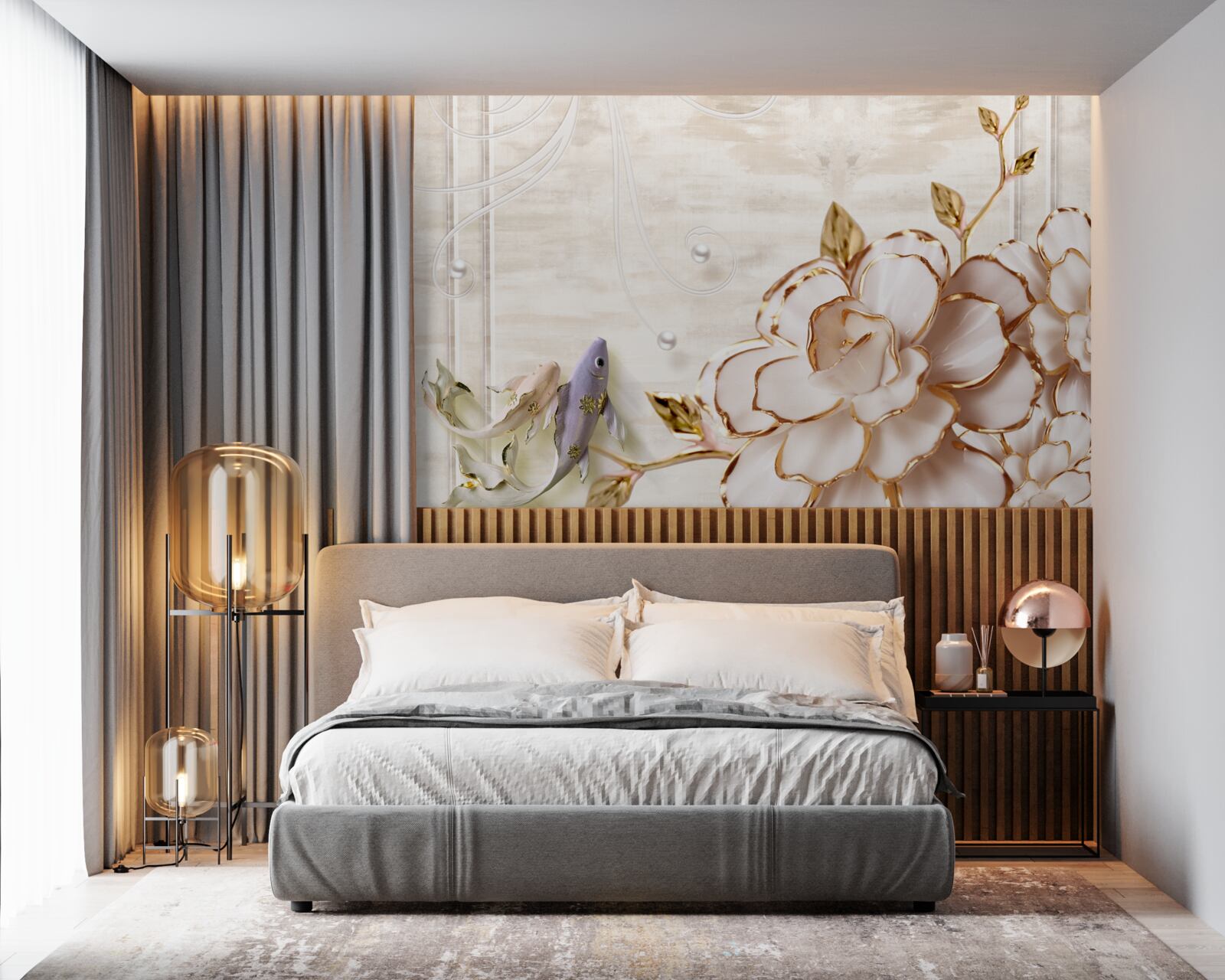 Papier peint papillons et fleurs en porcelaine