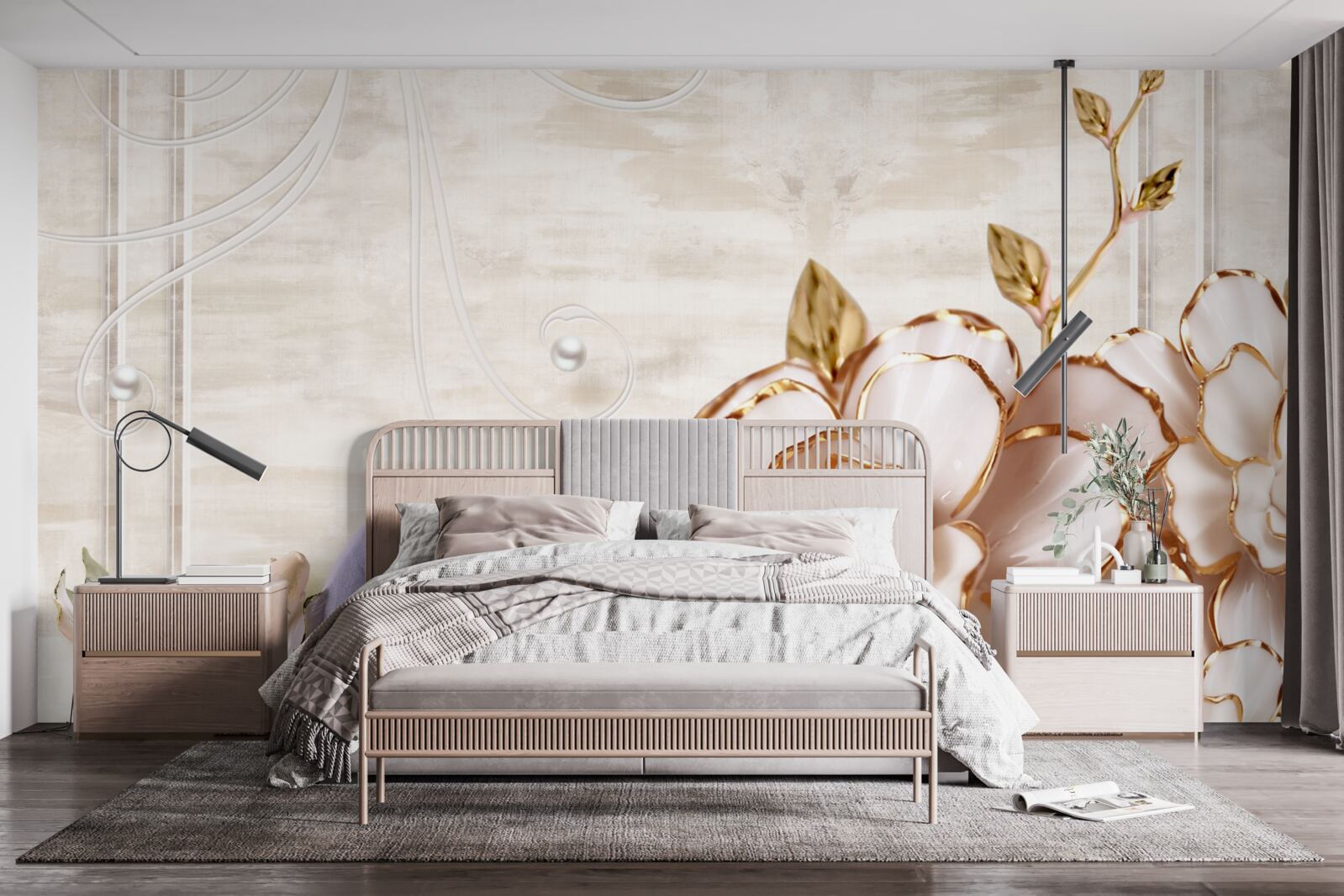 Papier peint papillons et fleurs en porcelaine