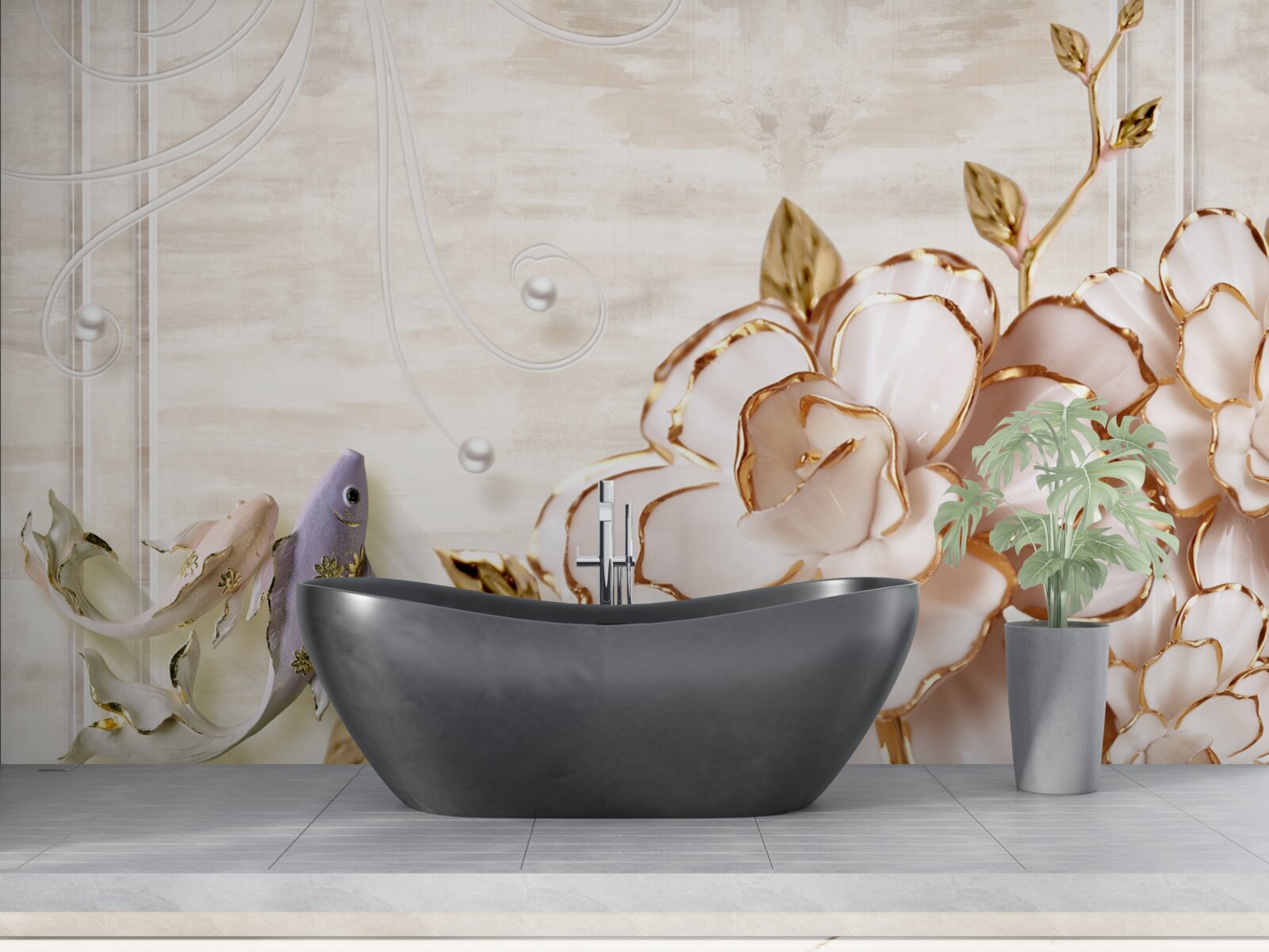 Papier peint papillons et fleurs en porcelaine