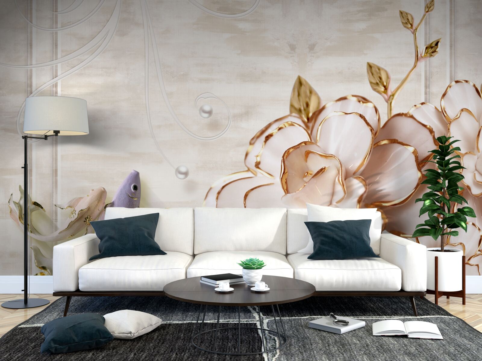 Papier peint papillons et fleurs en porcelaine