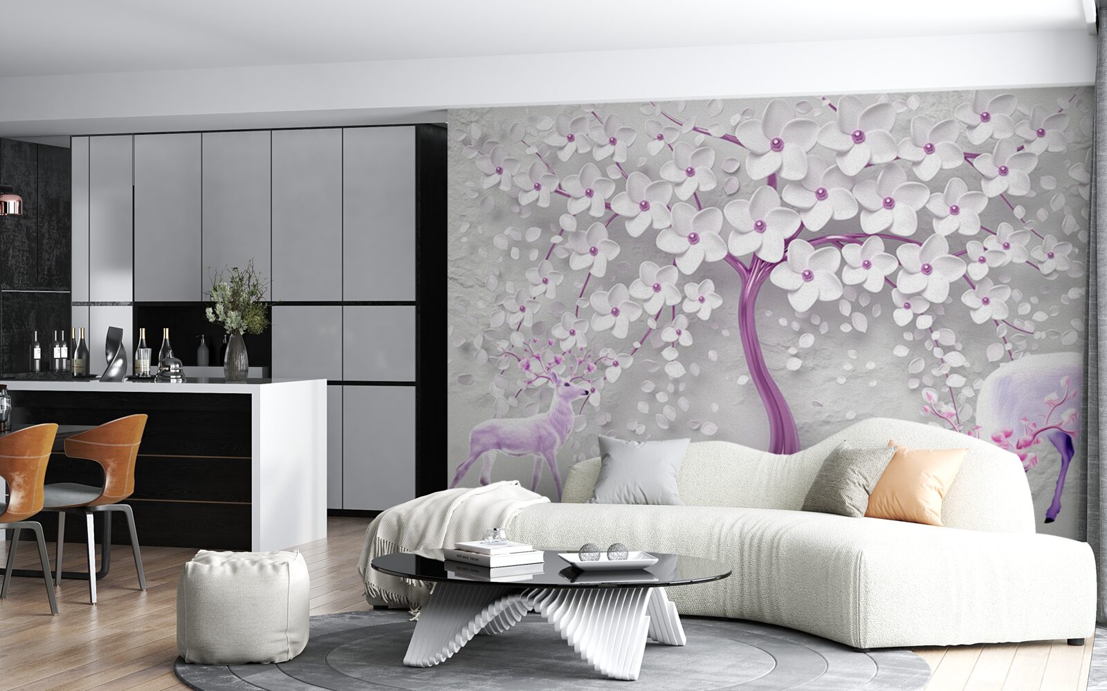 Papier peint arbre avec des fleurs blanches et des cerfs