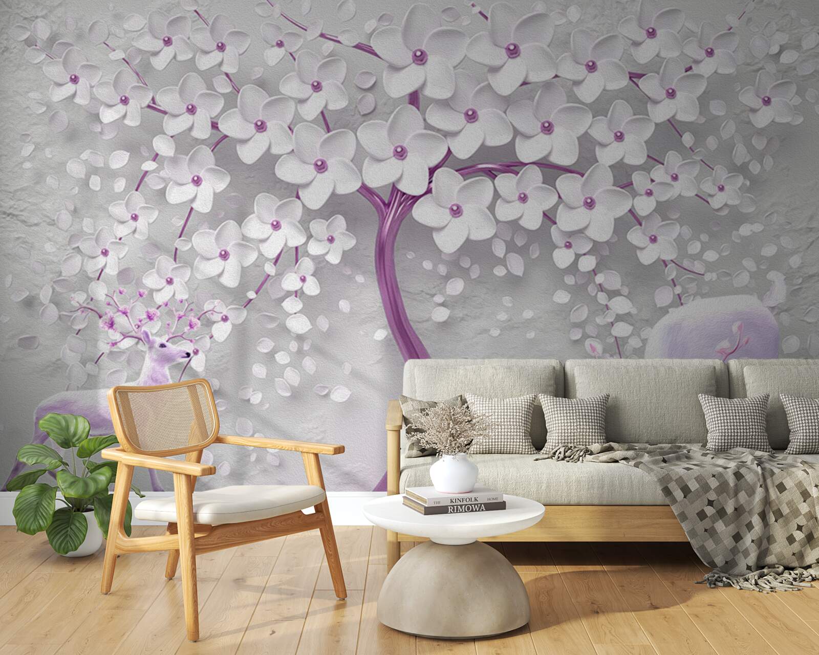 Papier peint arbre avec des fleurs blanches et des cerfs