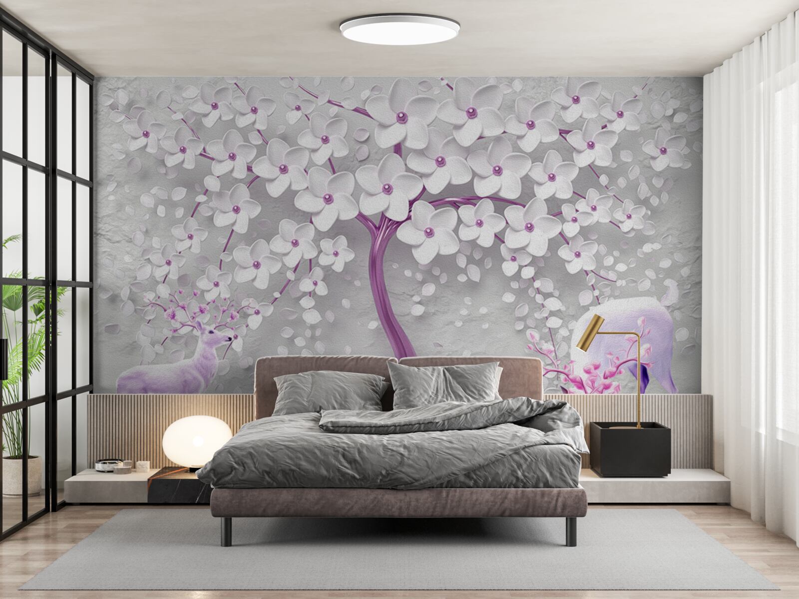 Papier peint arbre avec des fleurs blanches et des cerfs