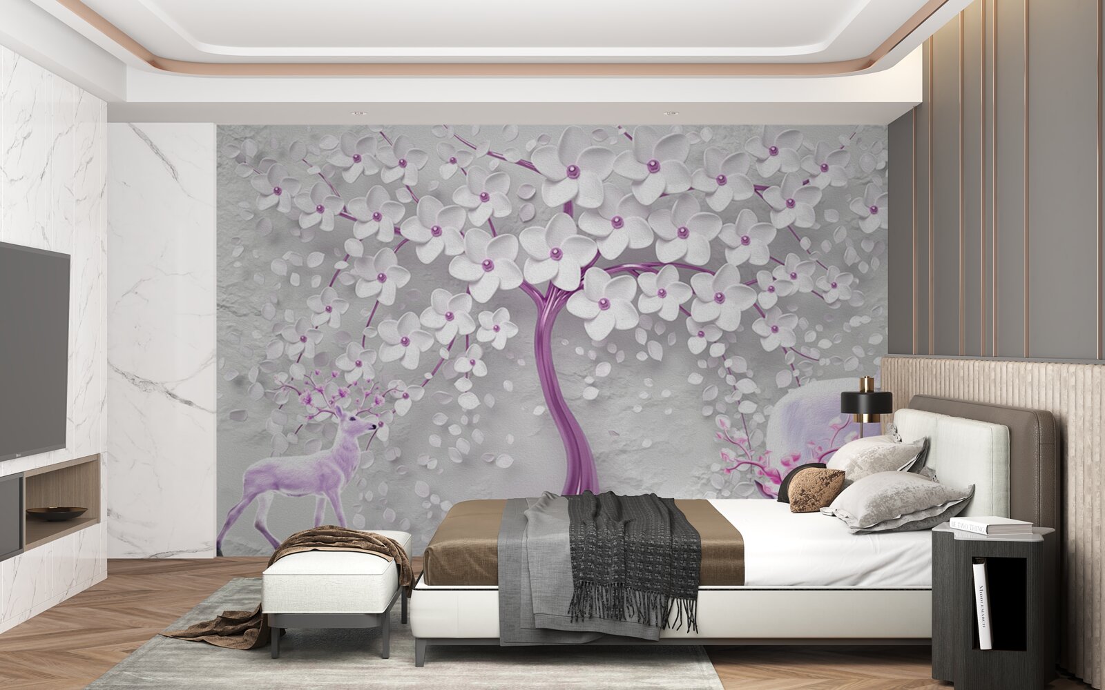 Papier peint arbre avec des fleurs blanches et des cerfs