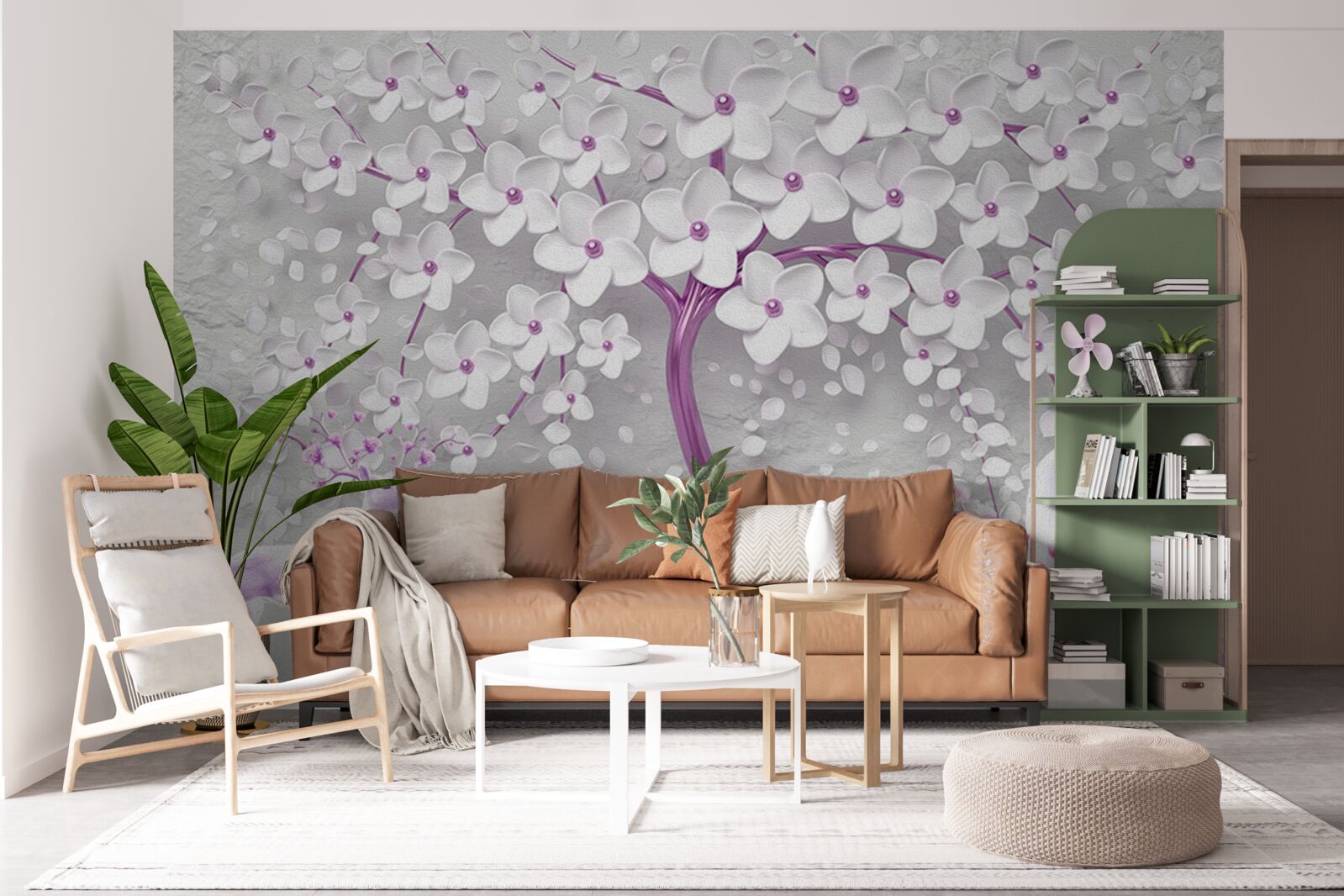 Papier peint arbre avec des fleurs blanches et des cerfs