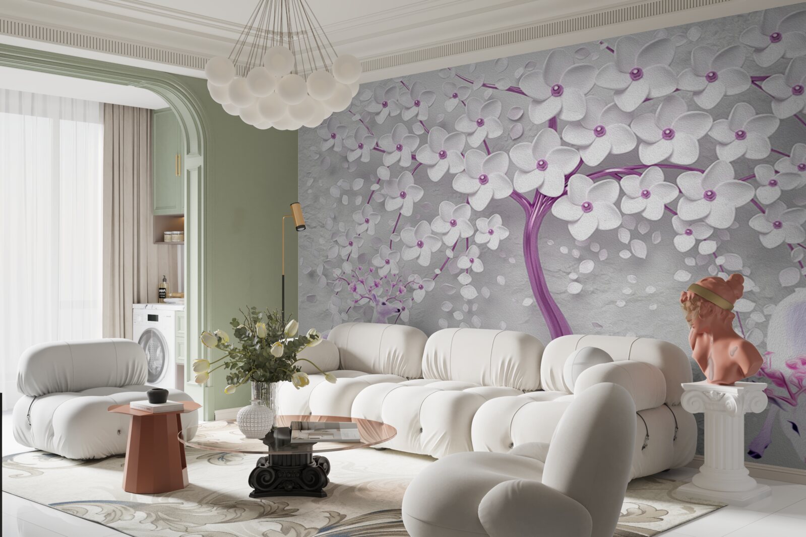 Papier peint arbre avec des fleurs blanches et des cerfs