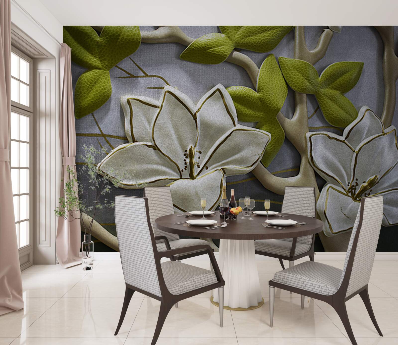 Papier peint magnolia avec des fleurs en porcelaine sur des branches vertes