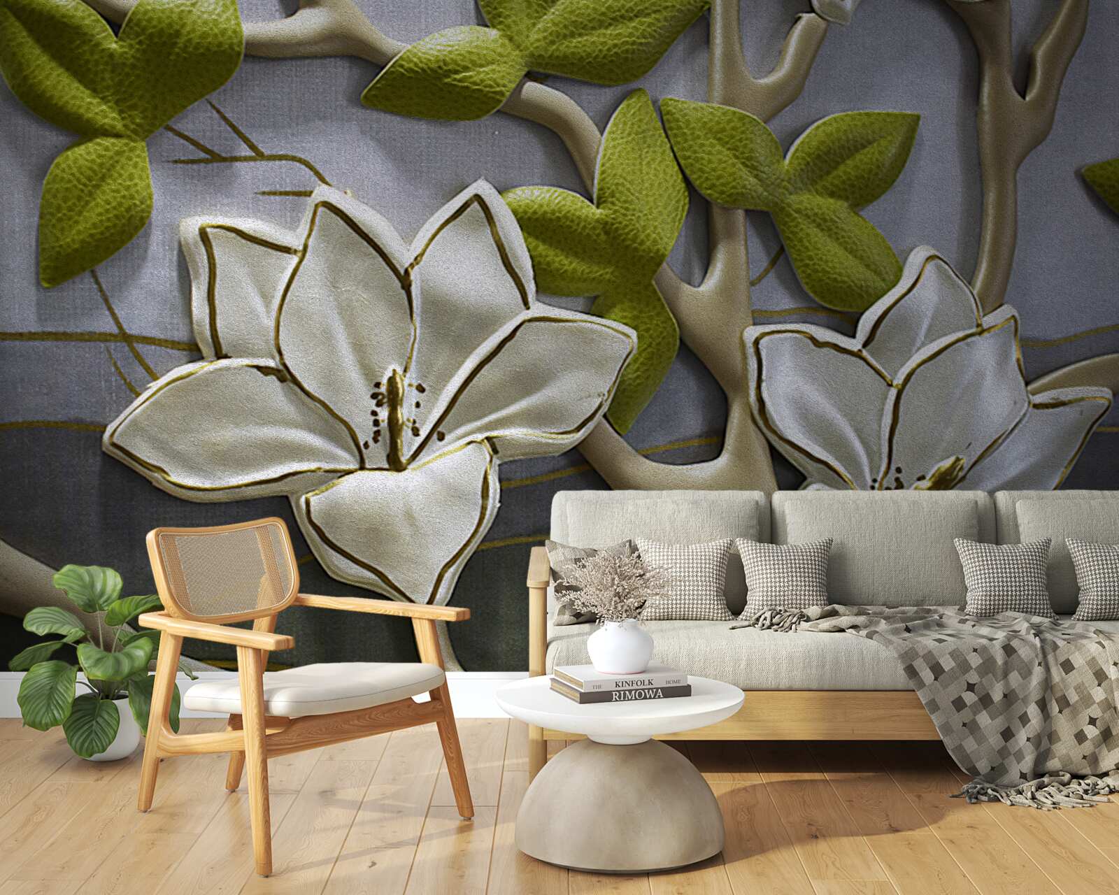 Papier peint magnolia avec des fleurs en porcelaine sur des branches vertes