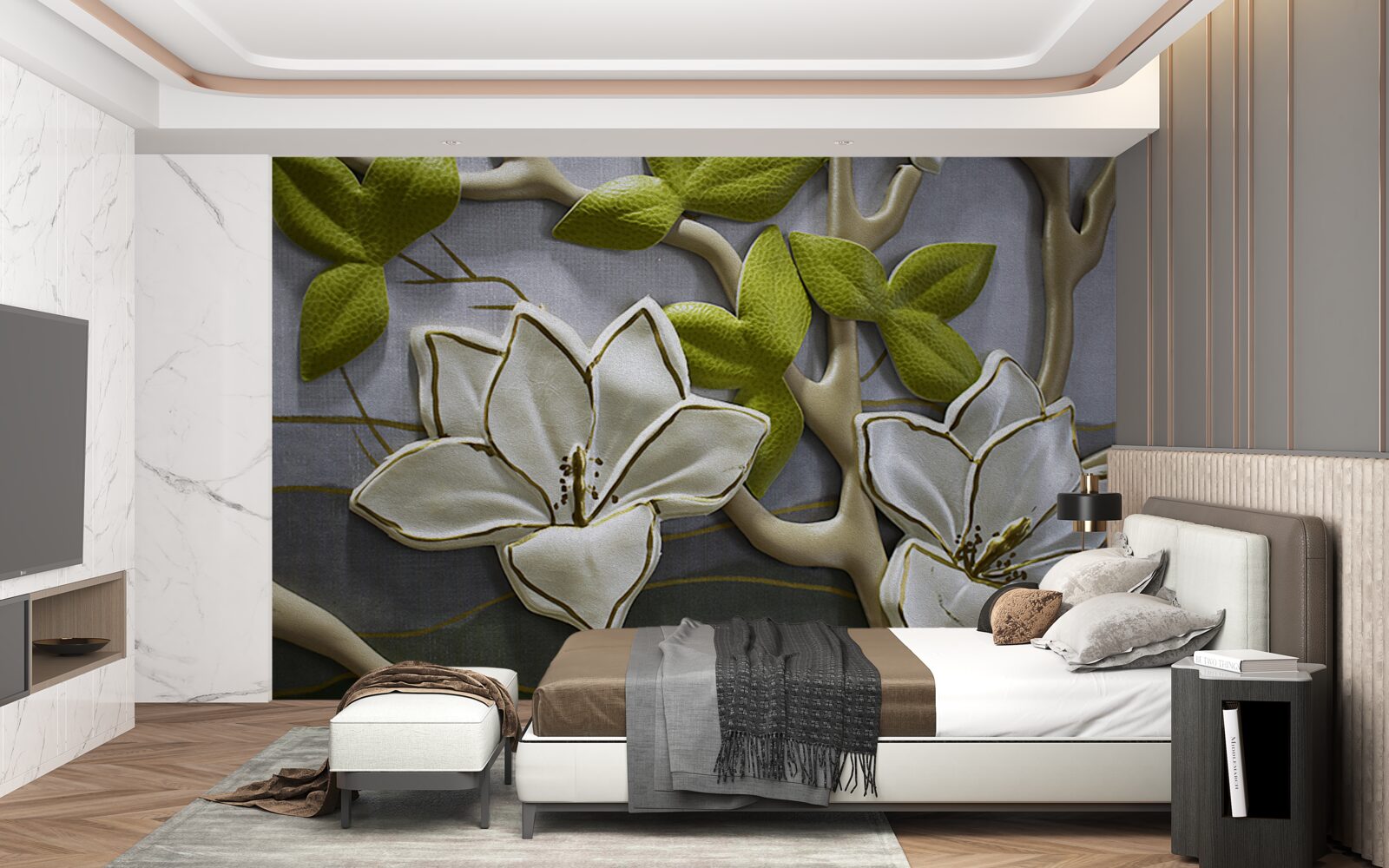 Papier peint magnolia avec des fleurs en porcelaine sur des branches vertes