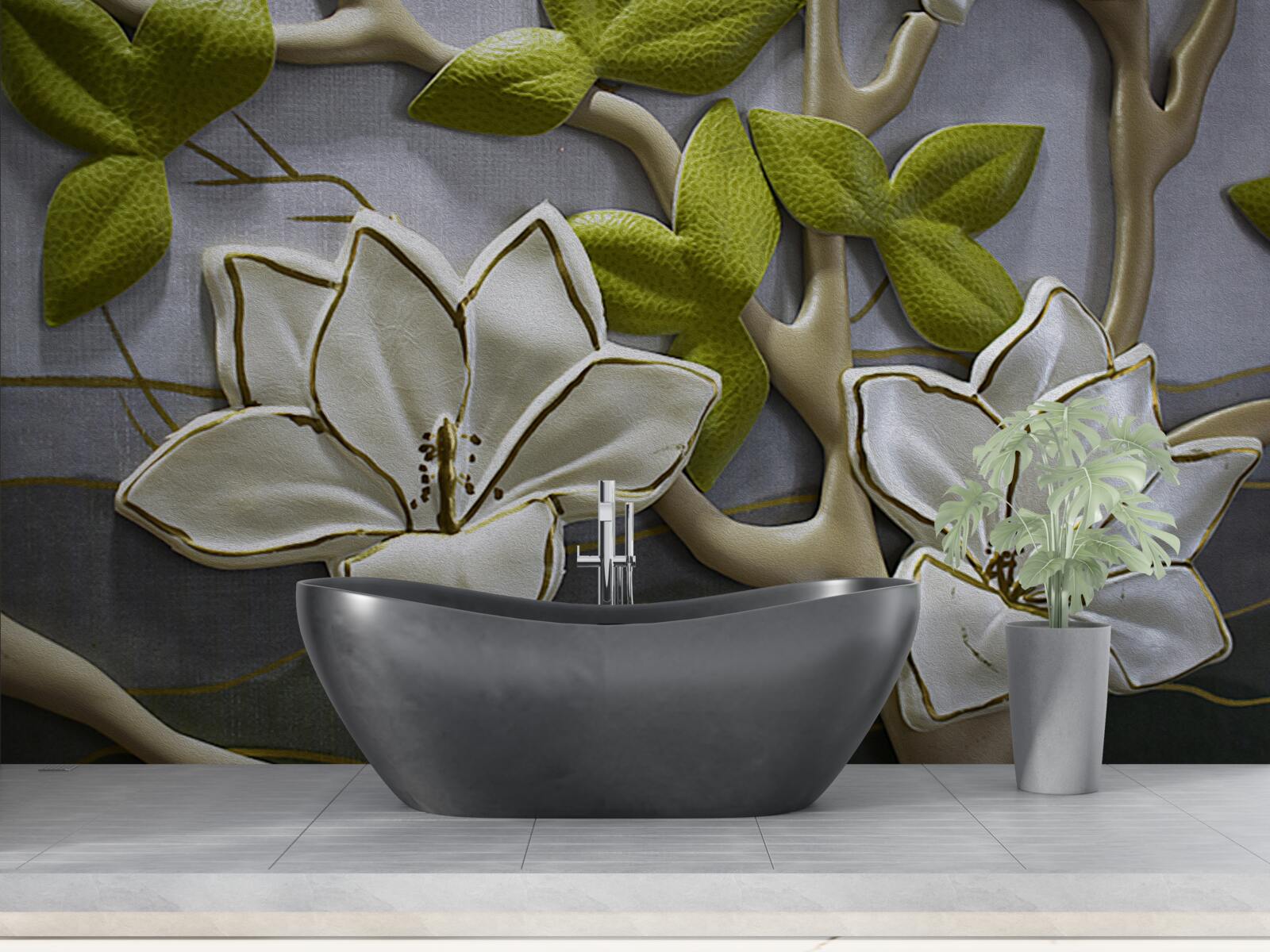 Papier peint magnolia avec des fleurs en porcelaine sur des branches vertes