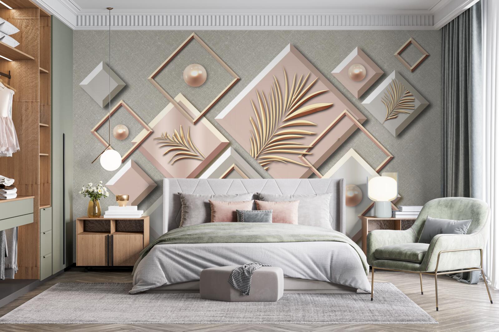 Papier peint abstrait en forme de rectangles avec des feuilles