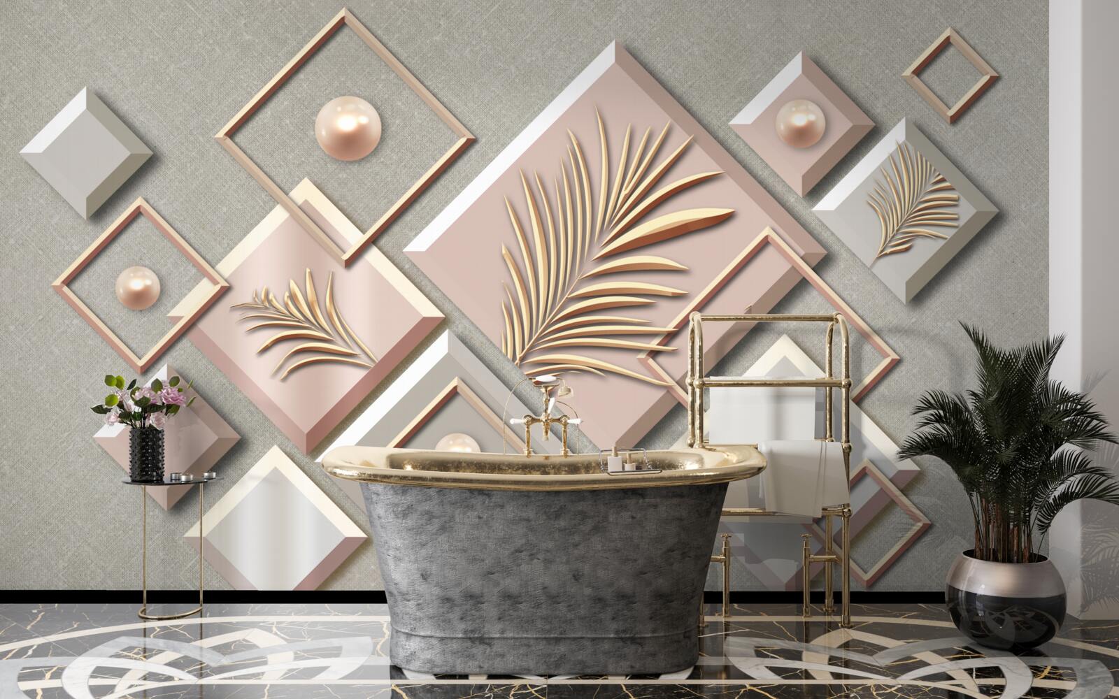 Papier peint abstrait en forme de rectangles avec des feuilles